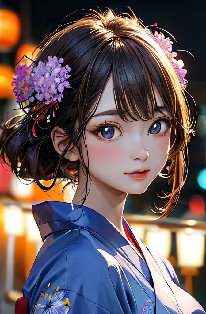 ((highest quality)), ((Highest Resolution)), ((masterpiece)), (detailed), (photograph), Anatomically correct, One Woman, looking at the camera, 25 talents, Beautiful Hair, Medium Hair, Beautiful Face, Symmetrical face, Big eyes, Slit eyes, Beautiful clavicle, Beautiful Skin, Medium chest, Cleavage, (yukata), (Yukata obi), (firework), Hydrangea flower, Festivals