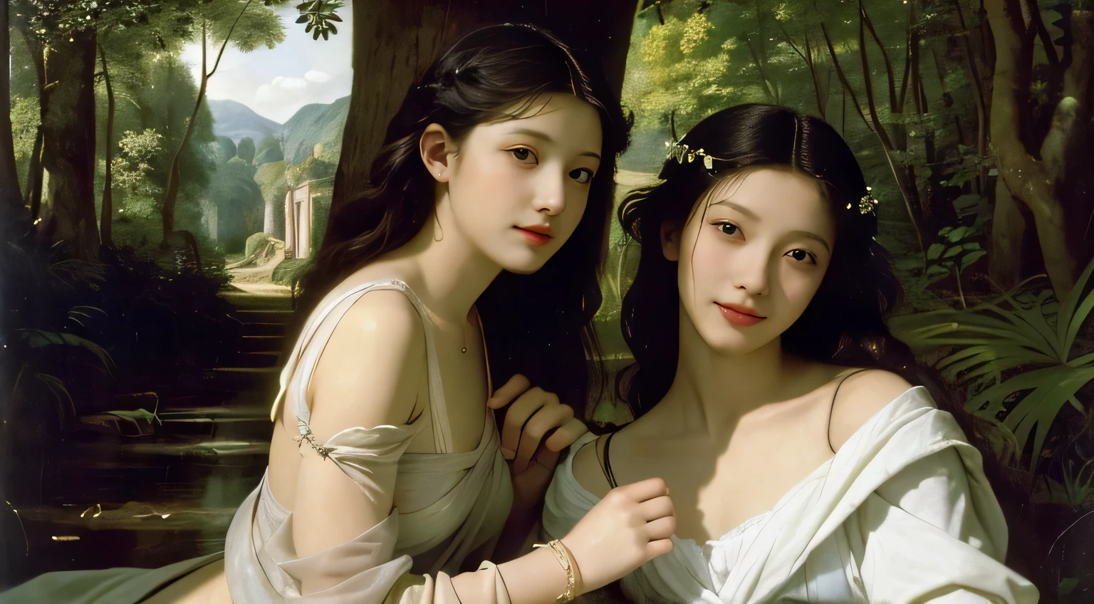 Giorgione painting style,Barbizon forest A beautiful woman in Greek dress smiles on the shore,Sweet and seductive appearance.、Caravaggio's paintings、Chiaroscuro of Caravaggio、hair tousled by the wind,Two women frolicking,cute smile, expression of ecstasy,Sexy,erotic, full body portrait