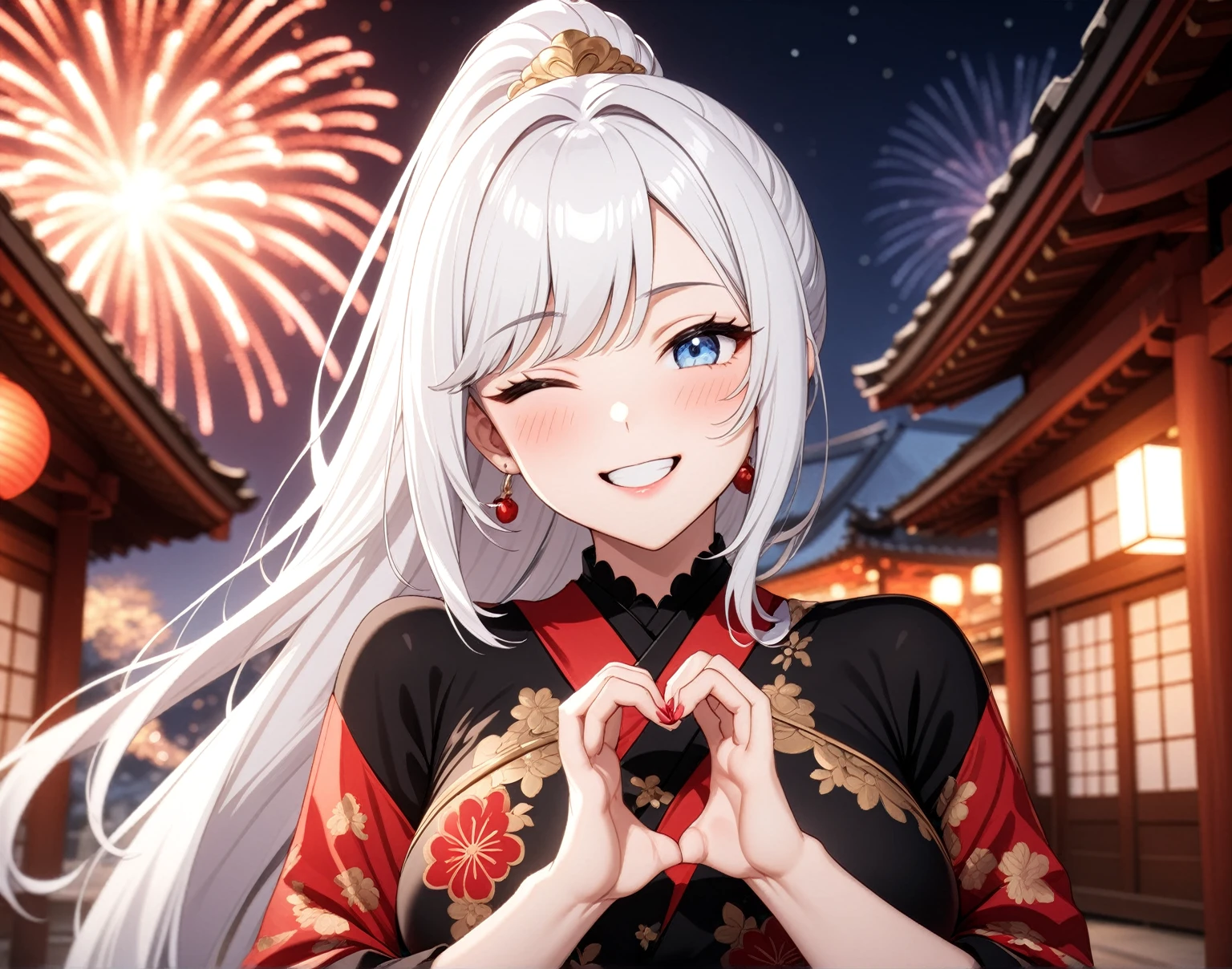 ((one personの女性)), Beautiful Face,Laugh shyly,((Wink:1.7)),Laughing with your mouth open,turn bright red,Glossy pink lips,night,Japanese-style room of the shrine,firework,((Anime style background)),masterpiece, highest quality, so beautiful, Latest, Complex details, (Pink long nails),AI-generated, Complex,High resolution, highest quality, super high quality,3D Images、View your viewers、3D Images,one person,Long white hair,High Ponytail,blue eyes,Anime woman posing for a photo, [[fine grain、Colorful eyes、Shining Eyes:1.15]],(Squint your eyes:1.1),a hyperRealistic , hyperRealistic , Realistic,Anime woman with long and white hair, Smooth anime CG art, A woman in a colorful kimono with gold embroidery, (Black kimono),Red floral pattern,Long flower hair ornament,Big earrings,(Big Breasts:1.1),Mature Body,expensive,Big Ass,Fine details,Tight waist,Abdominal muscles,(Face close-up:1.5),Tilt your face,Shooting from an angle,(making a heart hand sign with their hands in front of their chest:1.8)