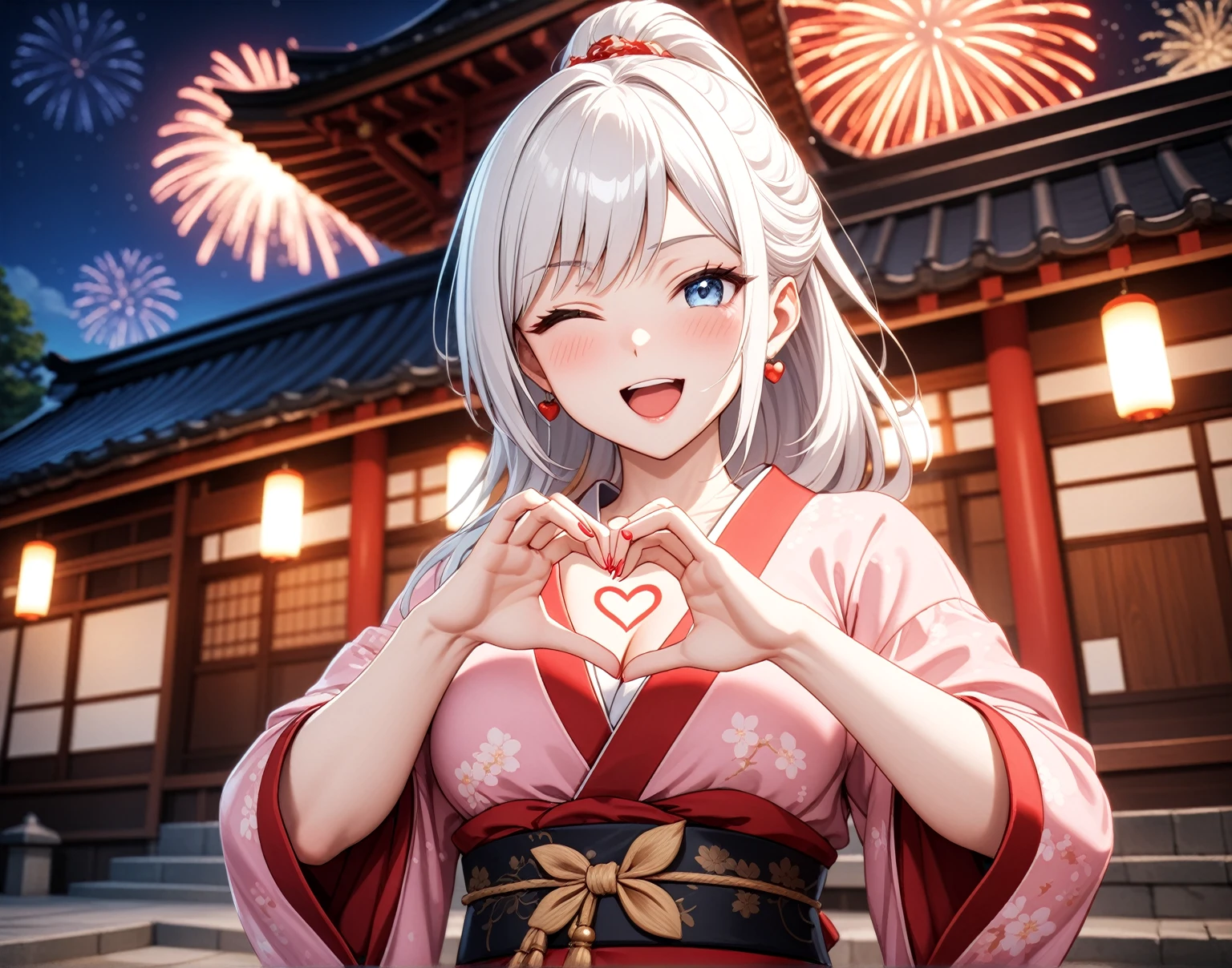 ((one personの女性)), Beautiful Face,Laugh shyly,((Wink:1.7)),Laughing with your mouth open,turn bright red,Glossy pink lips,night,Japanese-style room of the shrine,firework,((Anime style background)),masterpiece, highest quality, so beautiful, Latest, Complex details, (Pink long nails),AI-generated, Complex,High resolution, highest quality, super high quality,3D Images、View your viewers、3D Images,one person,Long white hair,High Ponytail,blue eyes,Anime woman posing for a photo, [[fine grain、Colorful eyes、Shining Eyes:1.15]],(Squint your eyes:1.1),a hyperRealistic , hyperRealistic , Realistic,Anime woman with long and white hair, Smooth anime CG art, A woman in a colorful kimono with gold embroidery, (Black kimono),Red floral pattern,Long flower hair ornament,Big earrings,(Big Breasts:1.1),Mature Body,expensive,Big Ass,Fine details,Tight waist,Abdominal muscles,(Face close-up:1.5),Tilt your face,Shooting from an angle,(making a heart hand sign with their hands in front of their chest:1.8)