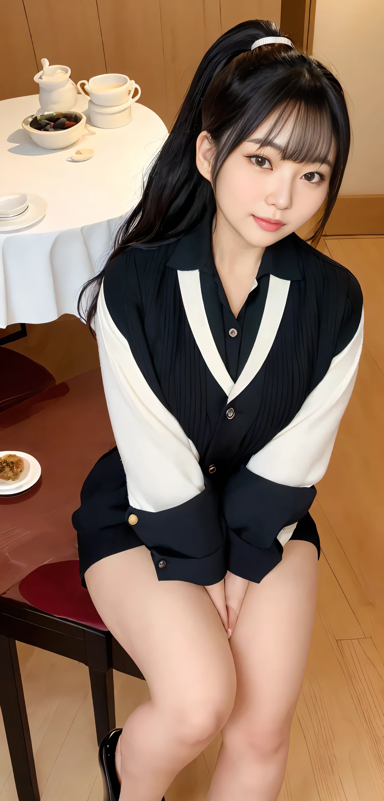 Japanese ID, Mature Woman, ((Chubby round face around 30 years old)), Wavy black hair with no bangs, Long Hair:1.65, Big twin ponytail:1.79, Flashy makeup, Fuller lips, Sexy Gaze, Cute Uniform, ((dressing)), looking at the camera, Low angle shooting, Cute duck lips,((Very accurate and correct anatomy)), (masterpiece:1.3), Perfect balance, Realistic photos, Full Shot, whole body, ((height: 168cm)), High heels, loafers, (2 Foot, Two Arms), ((Panty shot)),Big Breasts:1.95