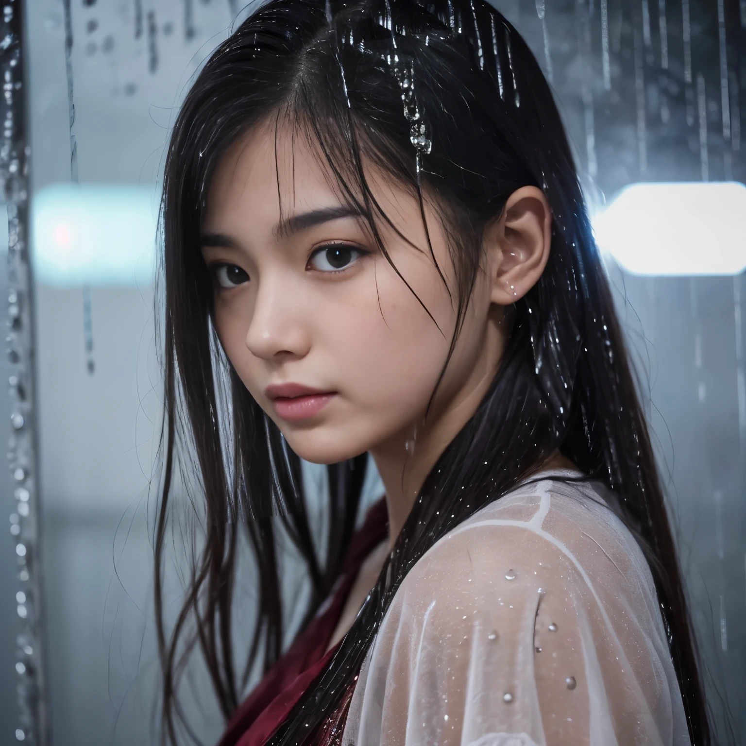 Best picture quality, masterpiece, ultra high resolution, (fidelity :1.4), photo, 1 girl,[(sadness)],white shirt, Dim, dark, desperate, pitying, pitiful, cinematic,tear,teardrop,(Torn clothes:1.5), (Wet clothes:1.4), bare shoulders,Real rain,wet hair,..