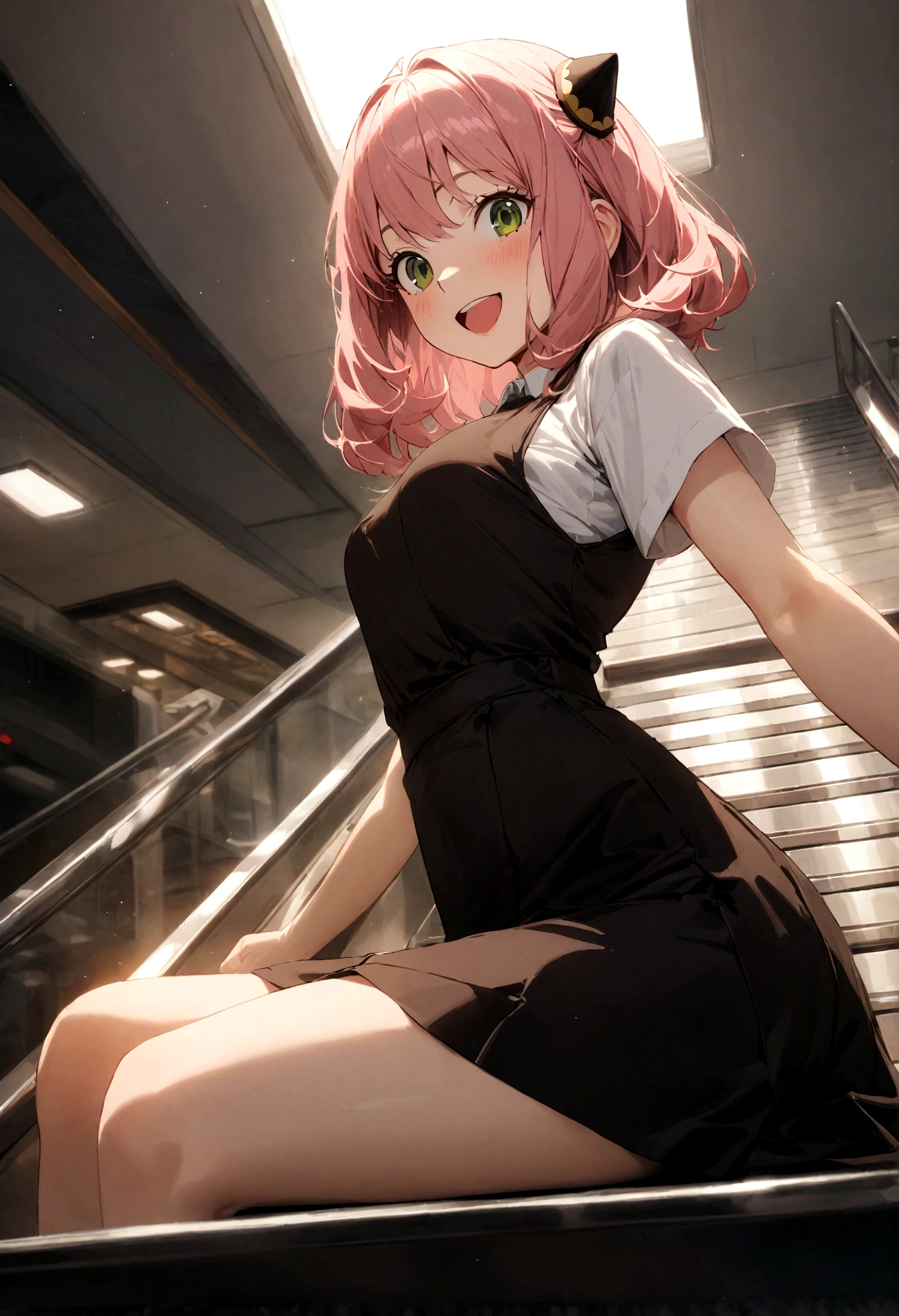 solo, 1girl, Anya forger/(spy x family/), masterpiece, best quality, very aesthetic, absurdres, pink hair, green eyes, short hair, black dress, collared shirt, smile, open mouth, looking at viewer, from side, sitting, desk, table, hair ornament
escalator,commercial facility,summary,Carboy Shot,pantyshot,from below,very aesthetic,masterpiece,best quality,official art,