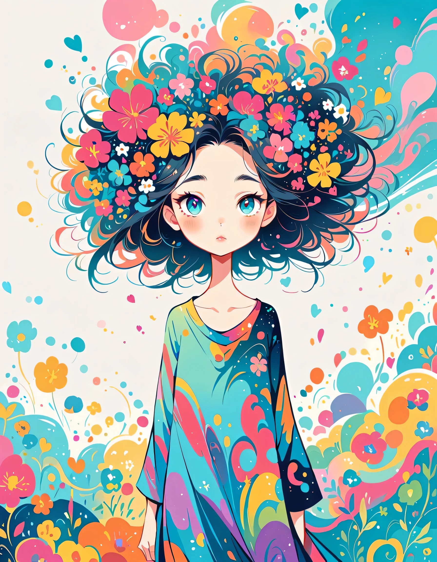 Takashi Murakami style, Standing in front of a high wall,Simple Line Initialism,Abstract art,Urban Background, (((The most beautiful girl))), Lips in Love, colorful flowers
