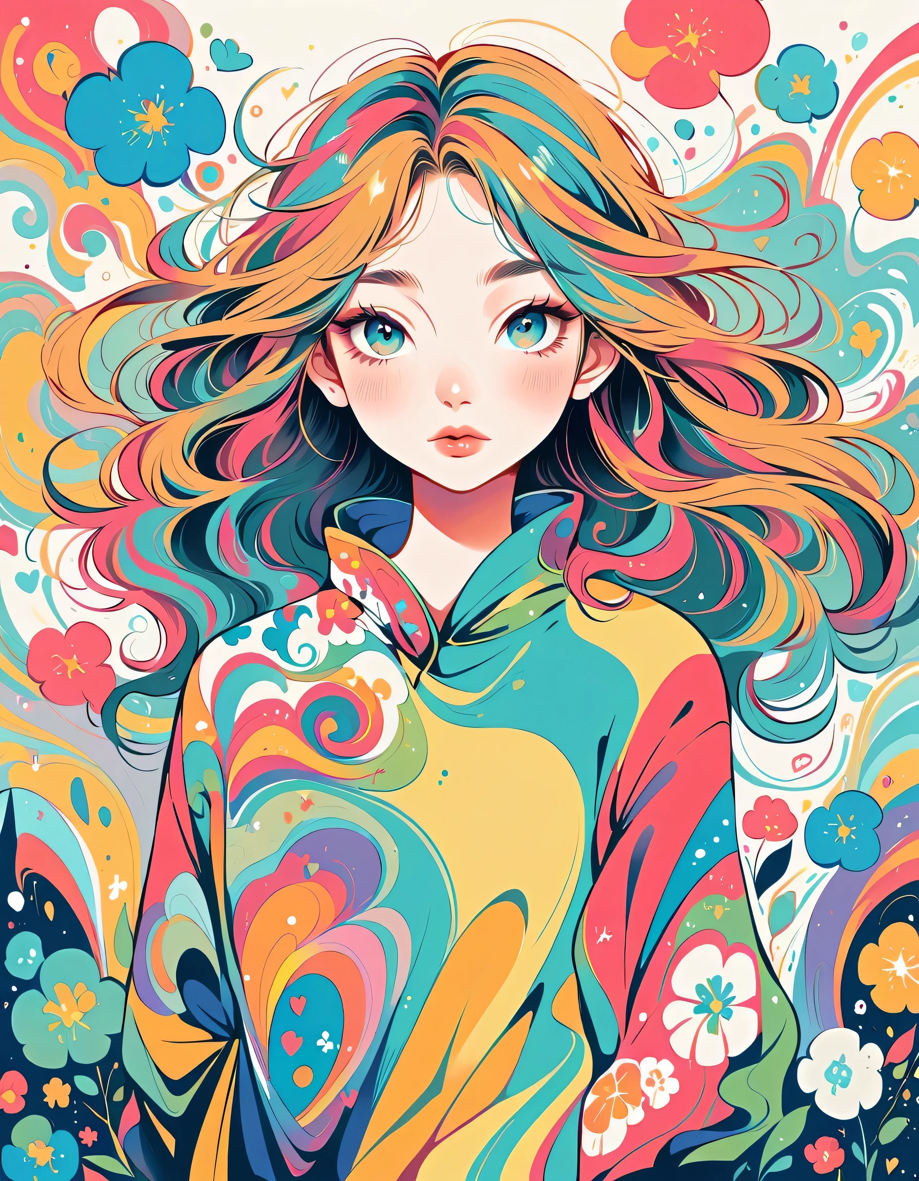 Takashi Murakami style, Standing in front of a high wall,Simple Line Initialism,Abstract art,Urban Background, (((The most beautiful girl))), Lips in Love, colorful flowers