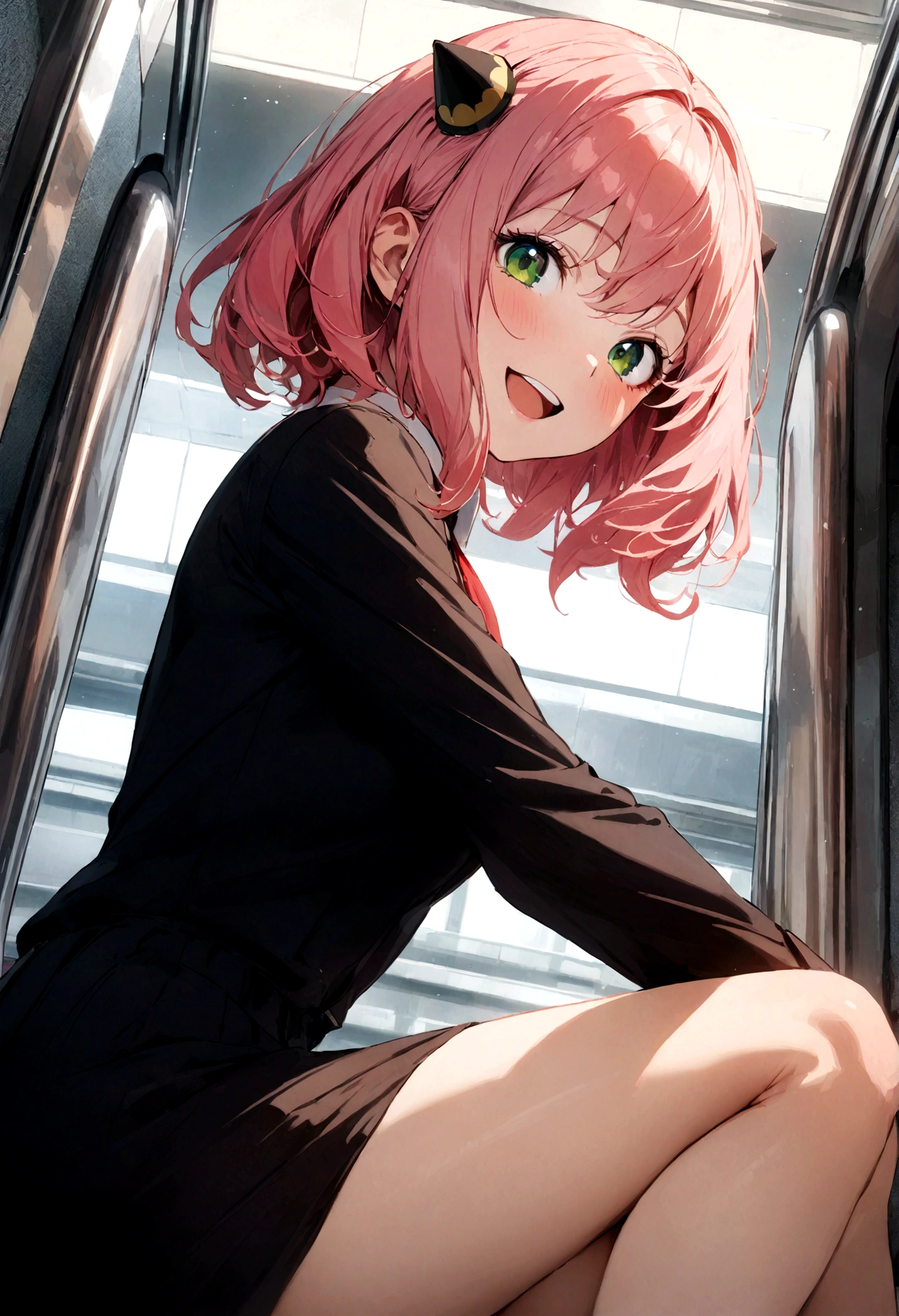 solo, 1girl, Anya forger/(spy x family/), masterpiece, best quality, very aesthetic, absurdres, pink hair, green eyes, short hair, black dress, collared shirt, smile, open mouth, looking at viewer, from side, sitting, desk, table, hair ornament
escalator,commercial facility,summary,Carboy Shot,pantyshot,from below,very aesthetic,masterpiece,best quality,official art,