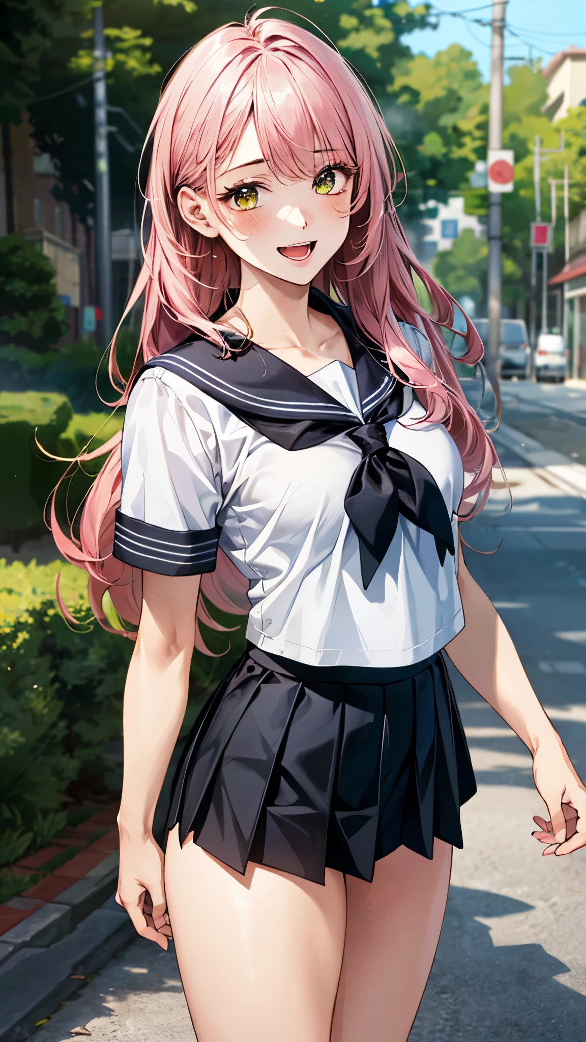 (masterpiece:1.3, top-quality, ultra high res, ultra detailed), (realistic, photorealistic:1.4), beautiful illustration, perfect lighting, natural lighting, colorful, depth of fields, ,
beautiful detailed hair, beautiful detailed face, beautiful detailed eyes, beautiful clavicle, beautiful body, beautiful chest, beautiful thigh, beautiful legs, beautiful fingers, shiny skin,
looking at viewer, 1 girl, high school girl, (perfect anatomy, anatomically correct, super detailed skin), cute and symmetrical face, face, perfect face, perfect eyes, perfect body,
(long hair, curvy hair, sideburns, pink hair), bangs, yellow-greeneyes, big eyes, drooping eyes, long eyelashes, (large breasts:0.9, seductive thighs), curvy,
(detailed cloth texture), short sleeve, black sailor suit, black pleated skirt, red sailor scarf,
(beautiful scenery), summer, evening, (downtown:1.2), standing, (lovrly smile, upper eyes, open mouth small),