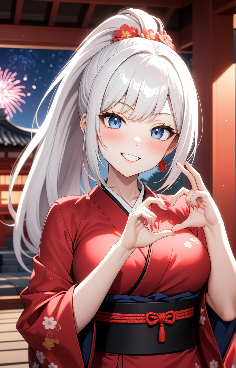 ((one personの女性)), Beautiful Face,Laugh shyly,((Wink:1.7)),Laughing with your mouth open,turn bright red,Glossy pink lips,night,Japanese-style room of the shrine,firework,((Anime style background)),masterpiece, highest quality, so beautiful, Latest, Complex details, (Pink long nails),AI-generated, Complex,High resolution, highest quality, super high quality,3D Images、View your viewers、3D Images,one person,Long white hair,High Ponytail,blue eyes,Anime woman posing for a photo, [[fine grain、Colorful eyes、Shining Eyes:1.15]],(Squint your eyes:1.1),a hyperRealistic , hyperRealistic , Realistic,Anime woman with long and white hair, Smooth anime CG art, A woman in a colorful kimono with gold embroidery, (Black kimono),Red floral pattern,Long flower hair ornament,Big earrings,(Big Breasts:1.1),Mature Body,expensive,Big Ass,Fine details,Tight waist,Abdominal muscles,(Face close-up:1.5),Tilt your face,Shooting from an angle,(making a heart hand sign with their hands in front of their chest:1.8)