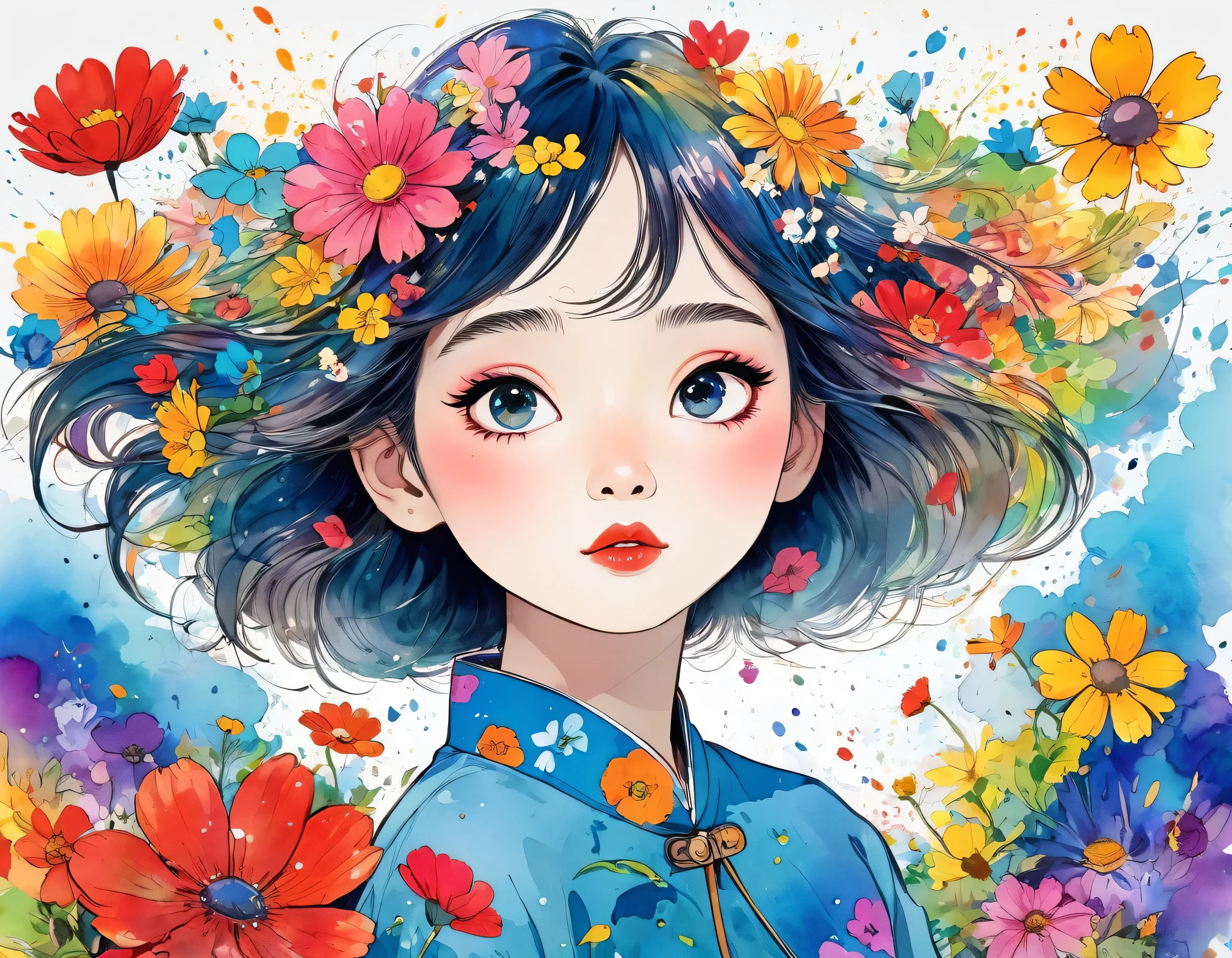 Hayao Miyazaki Style、(((stylish fashion))), 8K Quality、Intense watercolor, Detailed watercolor art, Watercolor splash, Surreal, avant-garde pop art, Beautiful and expressive paintings, Beautiful artwork illustration, Very colorful tones, wonderful, Cool beauty, highest quality、Official Art, Vector art, Stylish design, (((The most beautiful girl))), (((highest quality))), HDR, ((detailed)), (((Doodle Art)), ((masterpiece)), ((Super detailed)), (((Colorful flowers))), (((Stylish))), Lips in Love