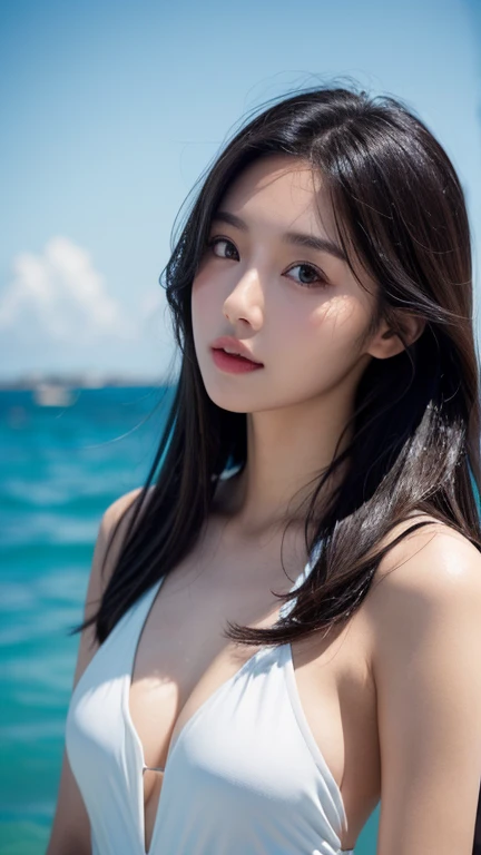 Beautiful supermodel woman with dark hair, A lock of hair with slight highlights, black eyes, mixed media, sexy，beautiful sea background，white swimsuit , Liquid color flows across her face, Photographed by Yui Aragaki