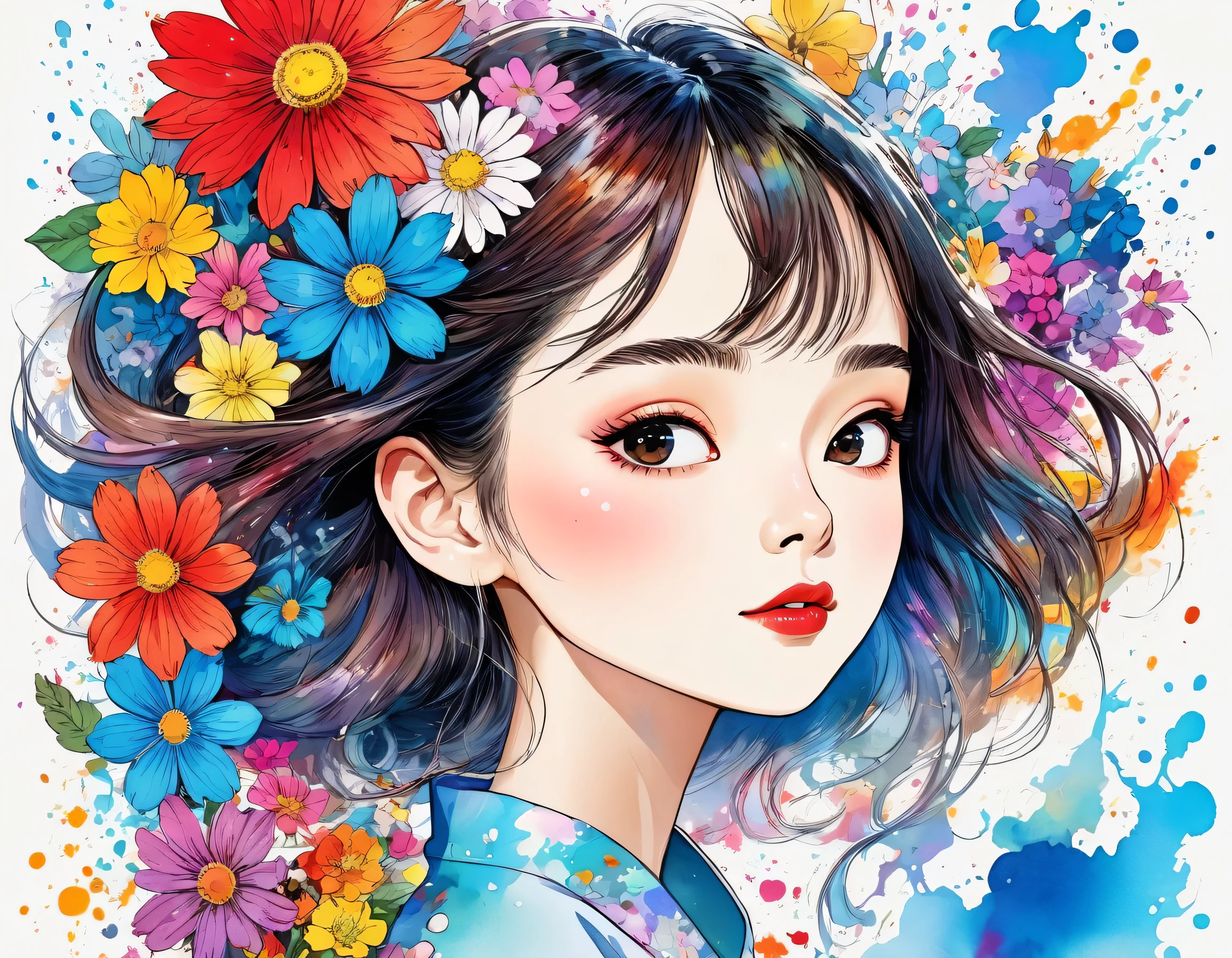 Hayao Miyazaki Style、(((stylish fashion))), 8K Quality、Intense watercolor, Detailed watercolor art, Watercolor splash, Surreal, avant-garde pop art, Beautiful and expressive paintings, Beautiful artwork illustration, Very colorful tones, wonderful, Cool beauty, highest quality、Official Art, Vector art, Stylish design, (((The most beautiful girl))), (((highest quality))), HDR, ((detailed)), (((Doodle Art)), ((masterpiece)), ((Super detailed)), (((Colorful flowers))), (((Stylish))), Lips in Love