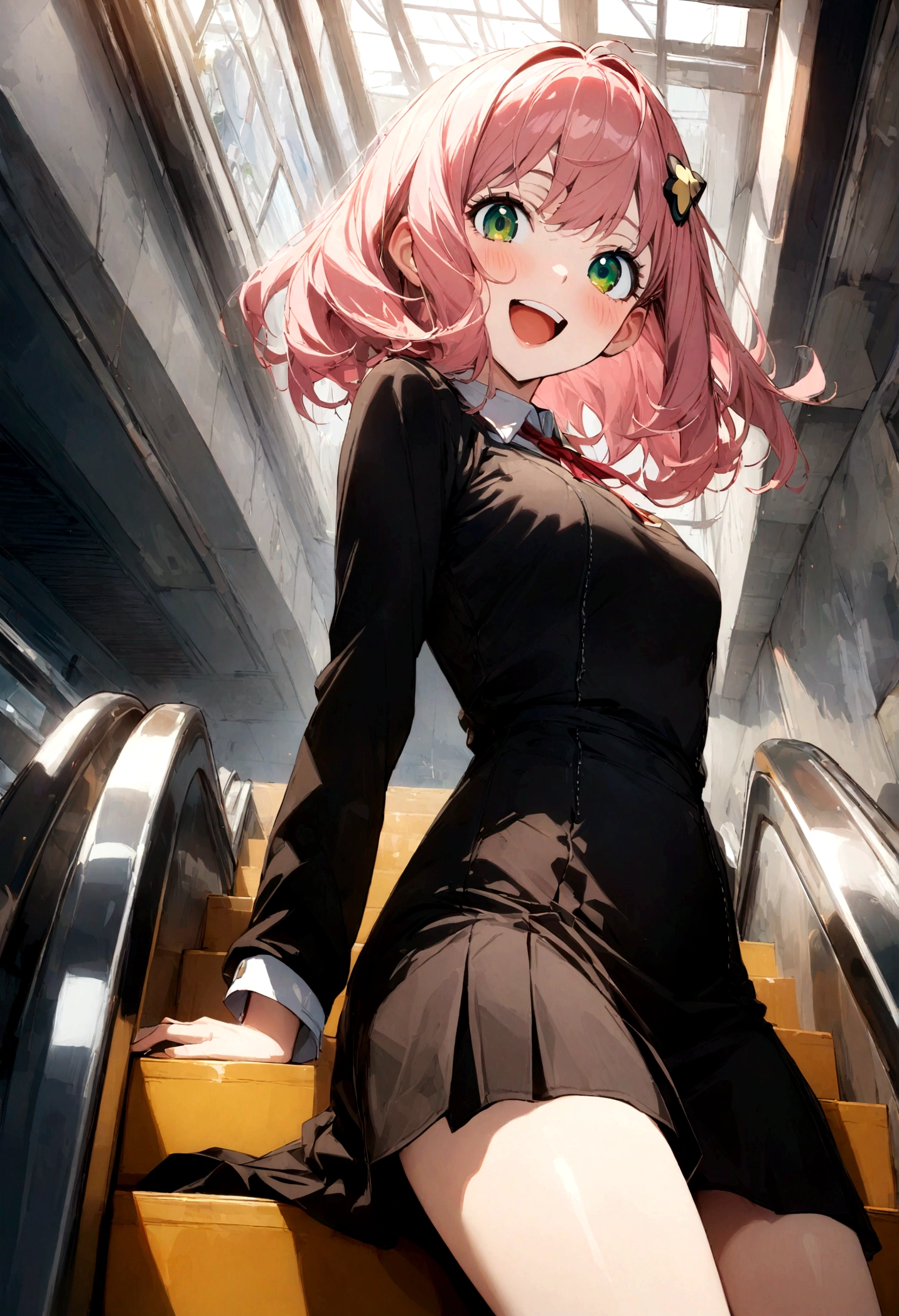 solo, 1girl, Anya forger/(spy x family/), masterpiece, best quality, very aesthetic, absurdres, pink hair, green eyes, short hair, black dress, collared shirt, smile, open mouth, looking at viewer, from side, sitting, desk, table, hair ornament
escalator,commercial facility,summary,Carboy Shot,pantyshot,from below,very aesthetic,masterpiece,best quality,official art,