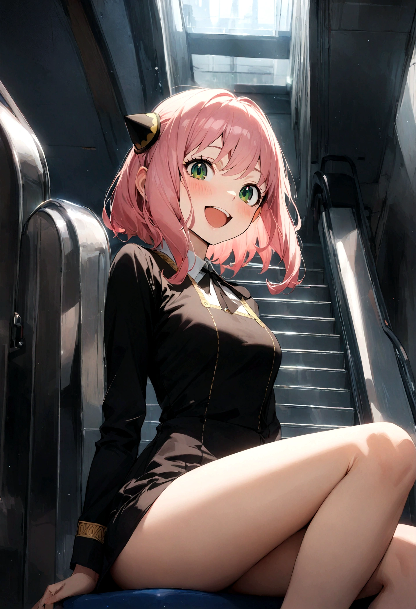 solo, 1girl, Anya forger/(spy x family/), masterpiece, best quality, very aesthetic, absurdres, pink hair, green eyes, short hair, black dress, collared shirt, smile, open mouth, looking at viewer, from side, sitting, desk, table, hair ornament
escalator,commercial facility,summary,Carboy Shot,pantyshot,from below,very aesthetic,masterpiece,best quality,official art,