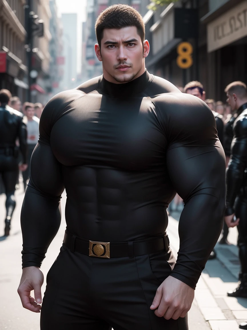Super muscular man with open mouth moaning, Buzz Cut,On the old-style outdoor street under the hot sun, Wear a long-sleeved, deep turtleneck bodysuit, Thickened warm elastic texture,Clothes are very dirty with mud stains,The expression is arrogant, Thick thighs, Messy hair, Thick thighs, High-necked long-sleeved dark yellow high-necked tights, very tight, Regular symmetrical pattern, Highlight muscles, Police uniform pants, character concept(Resident Evil - Chris Redfield, Chris Redfield)A proud expression, Deep and charming eyes, Heroic male pose, tall Burly, muscular!muscular thighs, tough guy, perfect facial features, High, Burly, Heqiang, Super polished and cool, High Resolution Committee, Charismatic, The sun is blazing, dazzling