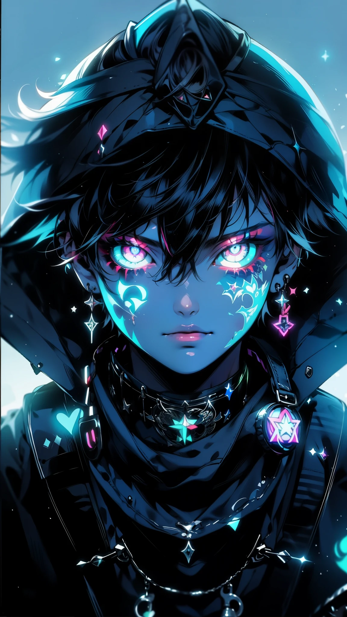 ((Close-up portrait of a teenager with glowing neon eyes and intricate occult symbols painted on their face)). Their expression is one of both curiosity and trepidation, as they peer into a hidden world. The overall mood is dark and mysterious, with a touch of neon vibrancy, fashionable, posing, accessory, fantasy world, dark background, clean design, epic, artstation, colorful paint splatter, silhouette, hyper detailed intricate details, unreal engine, fantasy, splash screen, complementary colors, deviantart masterpiece, oil painting, heavy strokes, paint dripping, indifferent expression