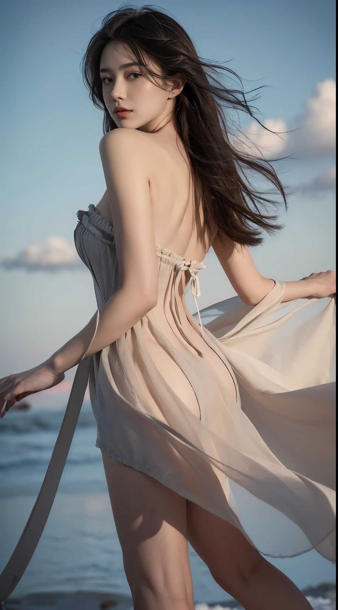 leisineiy, ((cowboy shot)), ((Bare shoulder)), ((Short hemlines, sexy long legs)), realistic detailed photo of a giant breasted girl with exposed shoulders, detailed fingers, high quality skin, red eyes, alone in a winter scene with clouds, wind, and flowing hair, (best quality,4k,8k,highres,masterpiece:1.2),ultra-detailed,(realistic,photorealistic,photo-realistic:1.37),studio lighting,vivid colors
