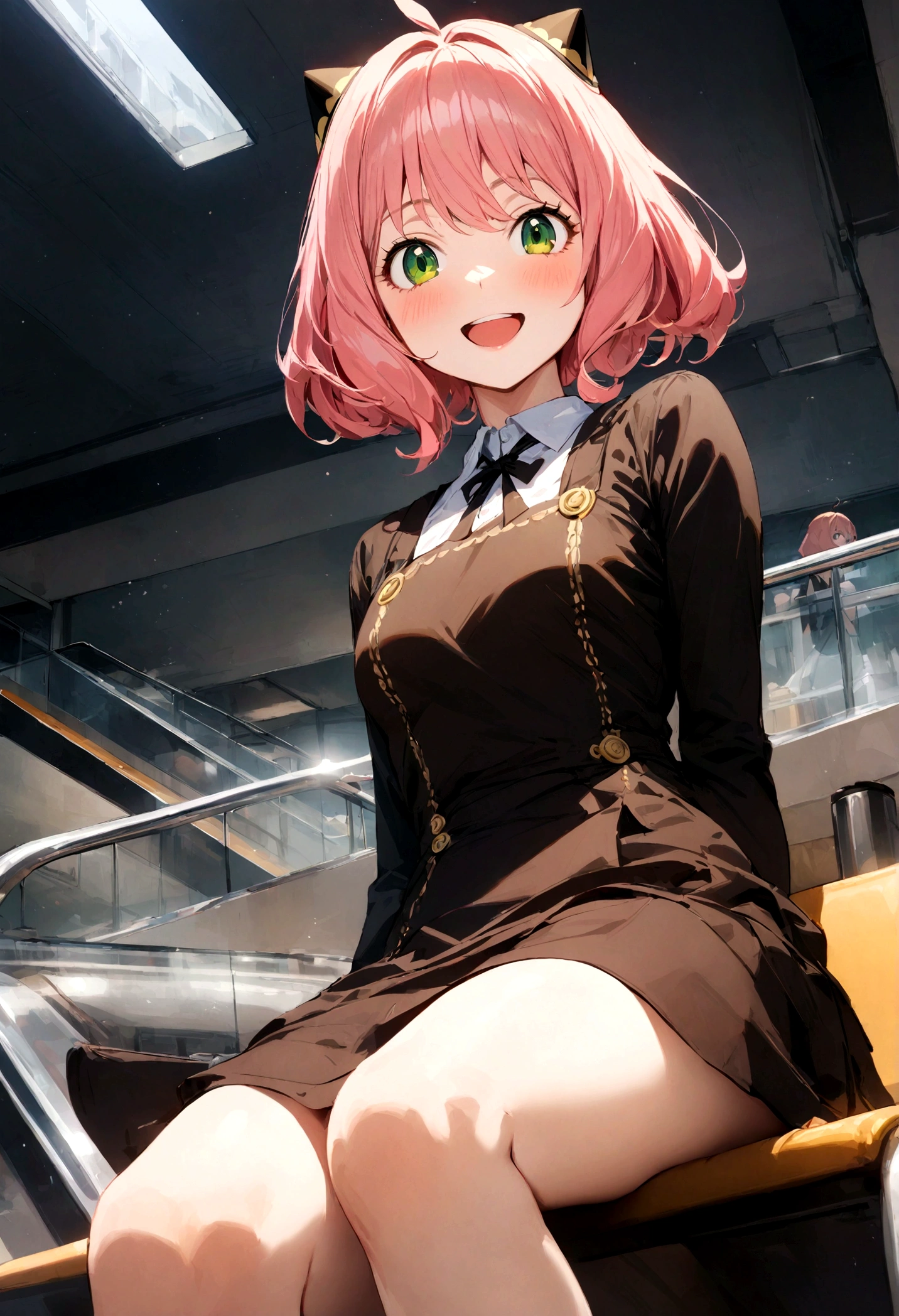 solo, 1girl, Anya forger/(spy x family/), masterpiece, best quality, very aesthetic, absurdres, pink hair, green eyes, short hair, black dress, collared shirt, smile, open mouth, looking at viewer, from side, sitting, desk, table, hair ornament
escalator,commercial facility,summary,Carboy Shot,pantyshot,from below,very aesthetic,masterpiece,best quality,official art,