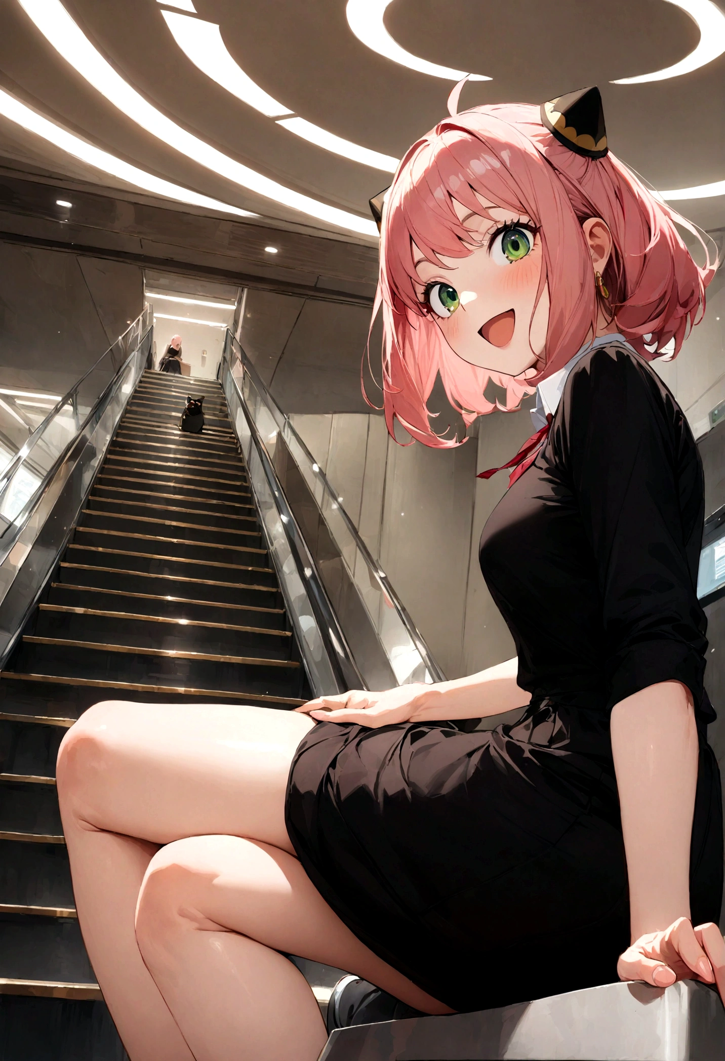 solo, 1girl, Anya forger/(spy x family/), masterpiece, best quality, very aesthetic, absurdres, pink hair, green eyes, short hair, black dress, collared shirt, smile, open mouth, looking at viewer, from side, sitting, desk, table, hair ornament
escalator,commercial facility,summary,Carboy Shot,pantyshot,from below,very aesthetic,masterpiece,best quality,official art,