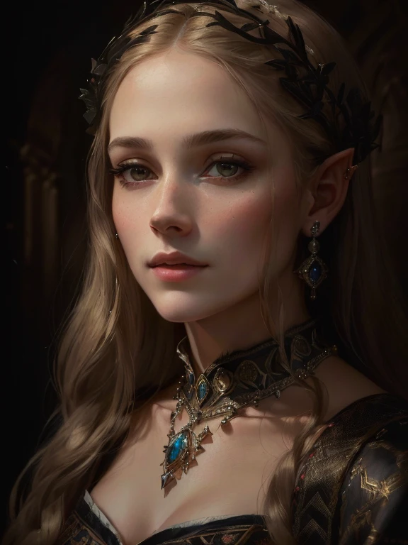 Arafe woman with necklace and earrings in a dark room, Medieval portrait, Renaissance portraits, realistic Renaissance portraits, Portrait of a Princess, Portrait of a Princess, Portrait of a Princess, 8K Portrait Rendering, medieval princess, Elf Queen Portrait, soft Portrait Shot 8k, Great portrait, Beautiful portrait, very Beautiful portrait, Detailed beautiful woman portrait, Portrait Shot 8k