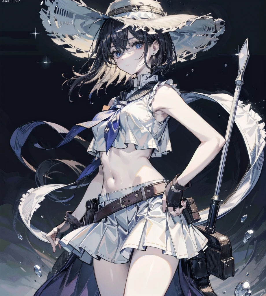 absurdres, RAW photo, extremely delicate and beautiful, masterpiece, Best Quality, ultra high resolution, 32k, hyperrealistic, ultra-detailed, detailed description, perfect anatomy, pale skin, 20 years old, detailed beautiful face and eyes, tearful mole, earring, short medium hair, wavy hair, full body shot, colossal tits, cowgirl costume, vest, cowboy hat, fingerless gloves, midriff, neckerchief, short skirt, holster,