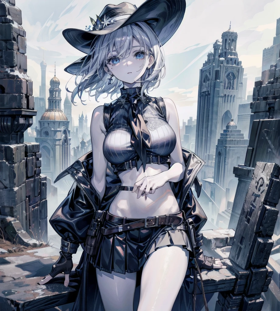 absurdres, RAW photo, extremely delicate and beautiful, masterpiece, Best Quality, ultra high resolution, 32k, hyperrealistic, ultra-detailed, detailed description, perfect anatomy, pale skin, 20 years old, detailed beautiful face and eyes, tearful mole, earring, short medium hair, wavy hair, full body shot, colossal tits, cowgirl costume, vest, cowboy hat, fingerless gloves, midriff, neckerchief, short skirt, holster,