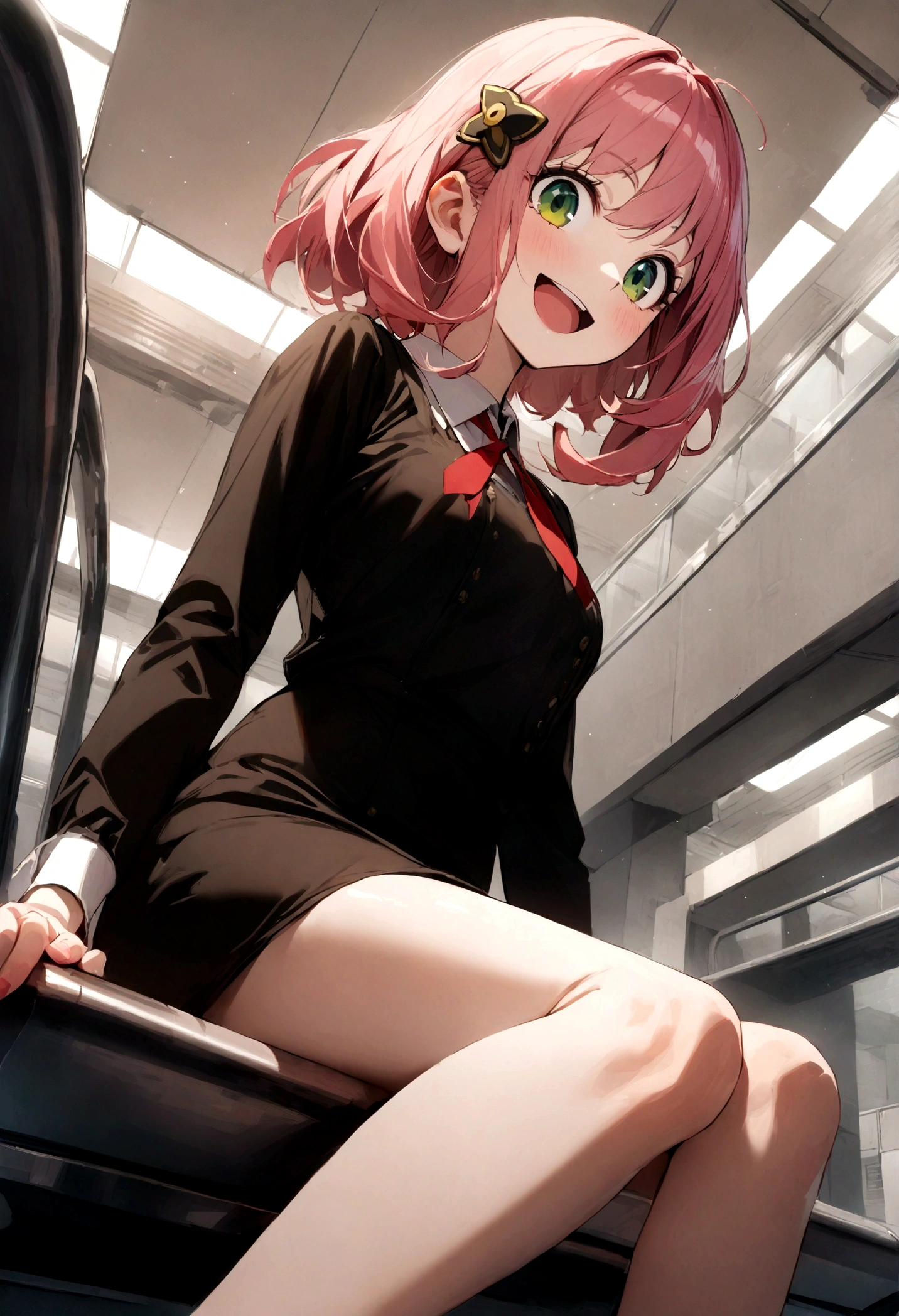 solo, 1girl, Anya forger/(spy x family/), masterpiece, best quality, very aesthetic, absurdres, pink hair, green eyes, short hair, black dress, collared shirt, smile, open mouth, looking at viewer, from side, sitting, desk, table, hair ornament
escalator,commercial facility,summary,Carboy Shot,pantyshot,from below,very aesthetic,masterpiece,best quality,official art,