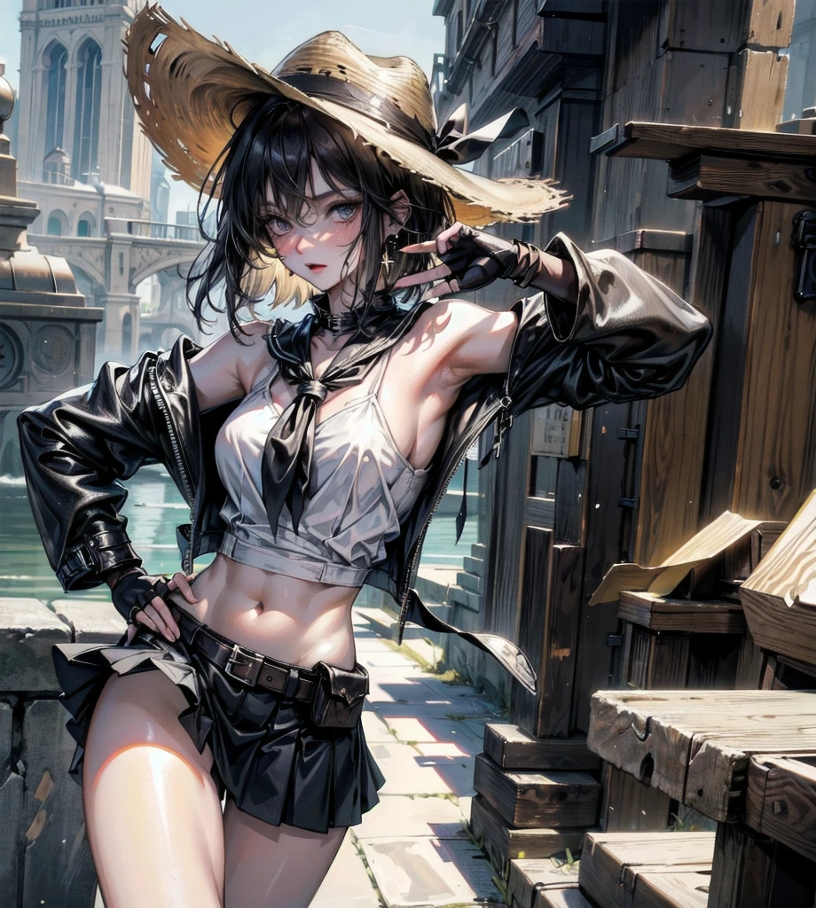 absurdres, RAW photo, extremely delicate and beautiful, masterpiece, Best Quality, ultra high resolution, 32k, hyperrealistic, ultra-detailed, detailed description, perfect anatomy, pale skin, 20 years old, detailed beautiful face and eyes, tearful mole, earring, short medium hair, wavy hair, full body shot, colossal tits, cowgirl costume, vest, cowboy hat, fingerless gloves, midriff, neckerchief, short skirt, holster,