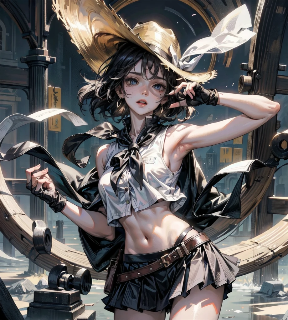 absurdres, RAW photo, extremely delicate and beautiful, masterpiece, Best Quality, ultra high resolution, 32k, hyperrealistic, ultra-detailed, detailed description, perfect anatomy, pale skin, 20 years old, detailed beautiful face and eyes, tearful mole, earring, short medium hair, wavy hair, full body shot, colossal tits, cowgirl costume, vest, cowboy hat, fingerless gloves, midriff, neckerchief, short skirt, holster,