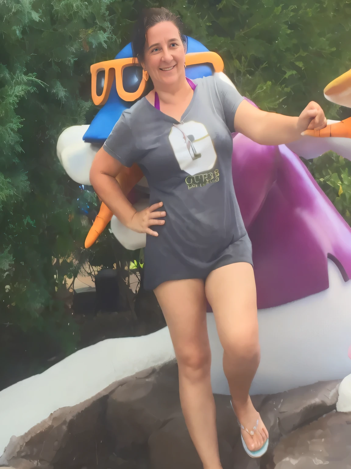 woman in gray shirt and shorts standing next to a large penguin statue, vacation photo, photo from the back, having a great time, 3 0 years old woman, 30 years old woman, posing like a statue, profile image, photo taken in 2016, fit pic, 40 years old women, not blurry, at california adventure, pov photo