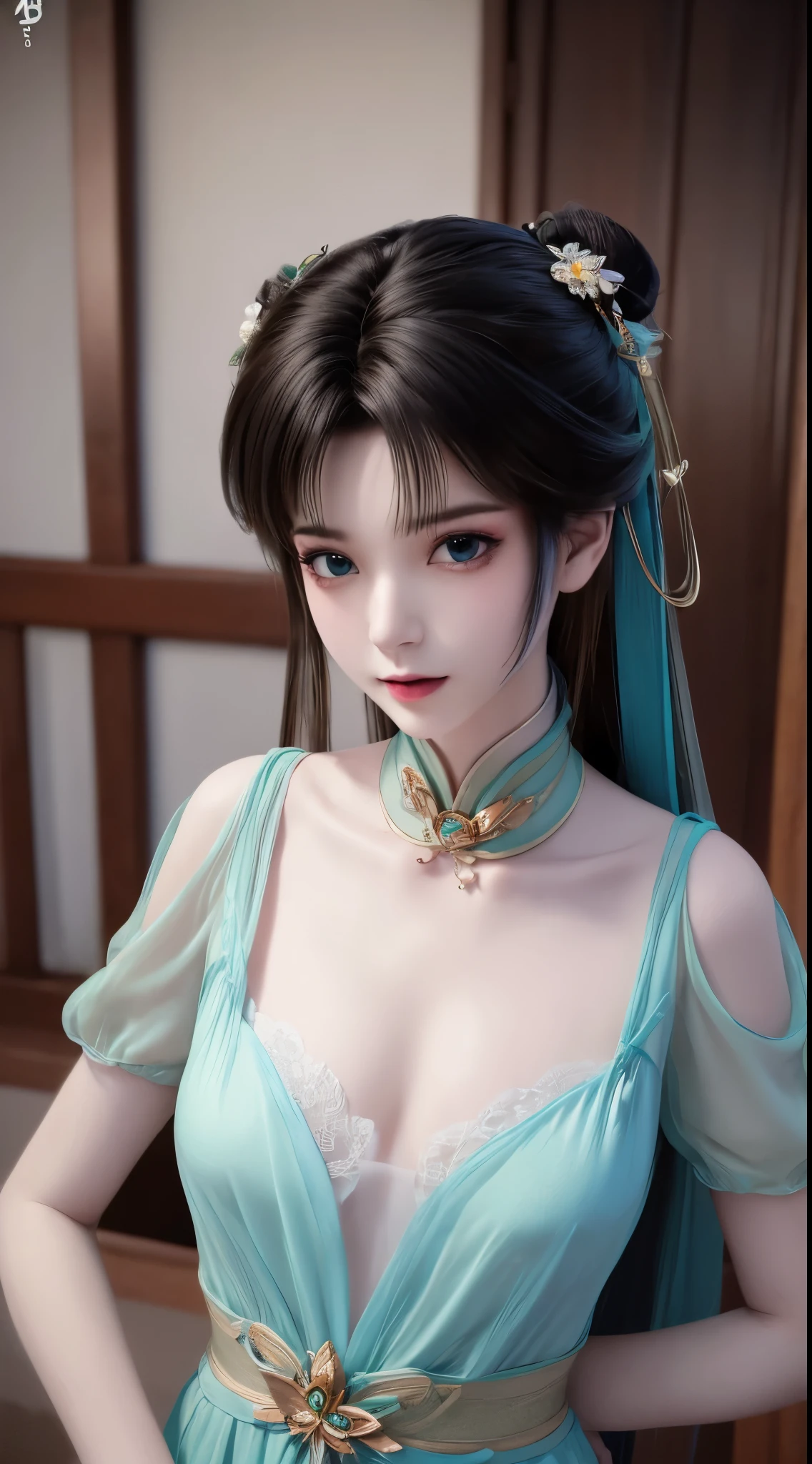 1 beautiful and cute realistic girl, tender young girl, waist length hair, long black hair with a hint of blue, light blue eyes, wearing a long, thin, blue dress with a hanfu style, ((blue dress with white lace border covering the girl's cleavage:0.8)), style hanfu, wearing a thin silk shirt of ancient China, pink and smooth white skin, wearing a discreet ancient style ao dai, appears shoulders and head in the photo,cute little face, eye bags under wet makeup, plump red lips, pout, ((closed mouth:1.0)), balanced incisors, embarrassed, small face makeup detailed and very beautifull, The breasts are super round and tight, breast augmentation, blum boobs, ((cover the girl's chest with a camisole inside:1.2)), blush, from front, wear earrings, necklaces, from above, looking at viewer, upturned eyes, upper body, masterpiece, top quality, best quality, official art, unity 8k wallpaper, highres, ultra-high res, ultra-detailed, (photorealistic:1.2), alone, solo, Only 1 girl, style hanfu Dunhuang, 10x pixels, super realistic, ultra high quality, full body view of the girl, upper body,