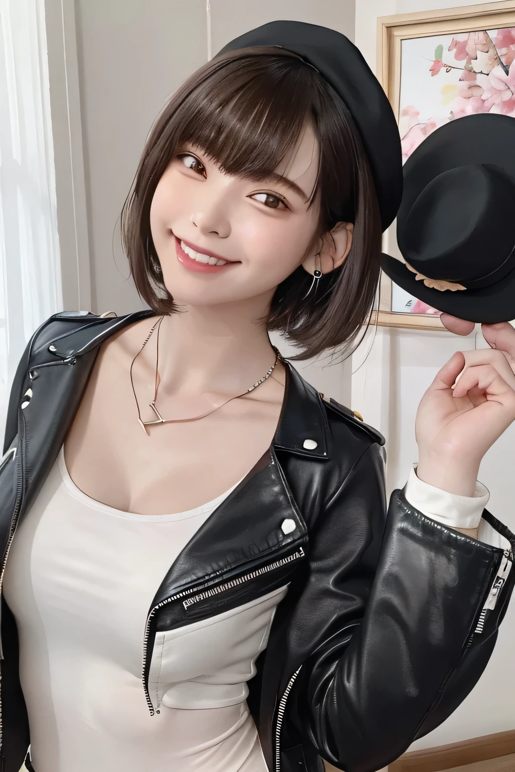 205 ((short hair)), 20-year-old female, Surrealism, Flower Smile、Gums are visible、Beautiful teeth alignment、Black Hair、ear piercing、Necklace around the neck、leather jacket、shirt、Smiling with teeth showing、The background is in the room、hat、Shoulder Fashion