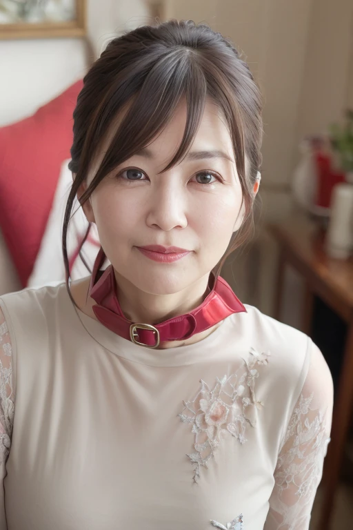 55 year old mature Japanese woman, beautiful, Sensual, Long eyelashes, Small breasts, Chubby body type, ((Cat Cosplay)), ((Cat ear)), Low Ponytail, collar, Red lipstick, Charismatic, Erotic elegance, Orgasmic, Sexy pose, (highest quality,4K,8k,High resolution,masterpiece:1.2),Super detailed,(Realistic,photoRealistic,photo-Realistic:1.37),High resolution,超High resolution,Studio Lighting,Ultra-fine painting,Sharp focus,Physically Based Rendering,Very detailed explanation,Professional,Vibrant colors,Bokeh,Portraiture