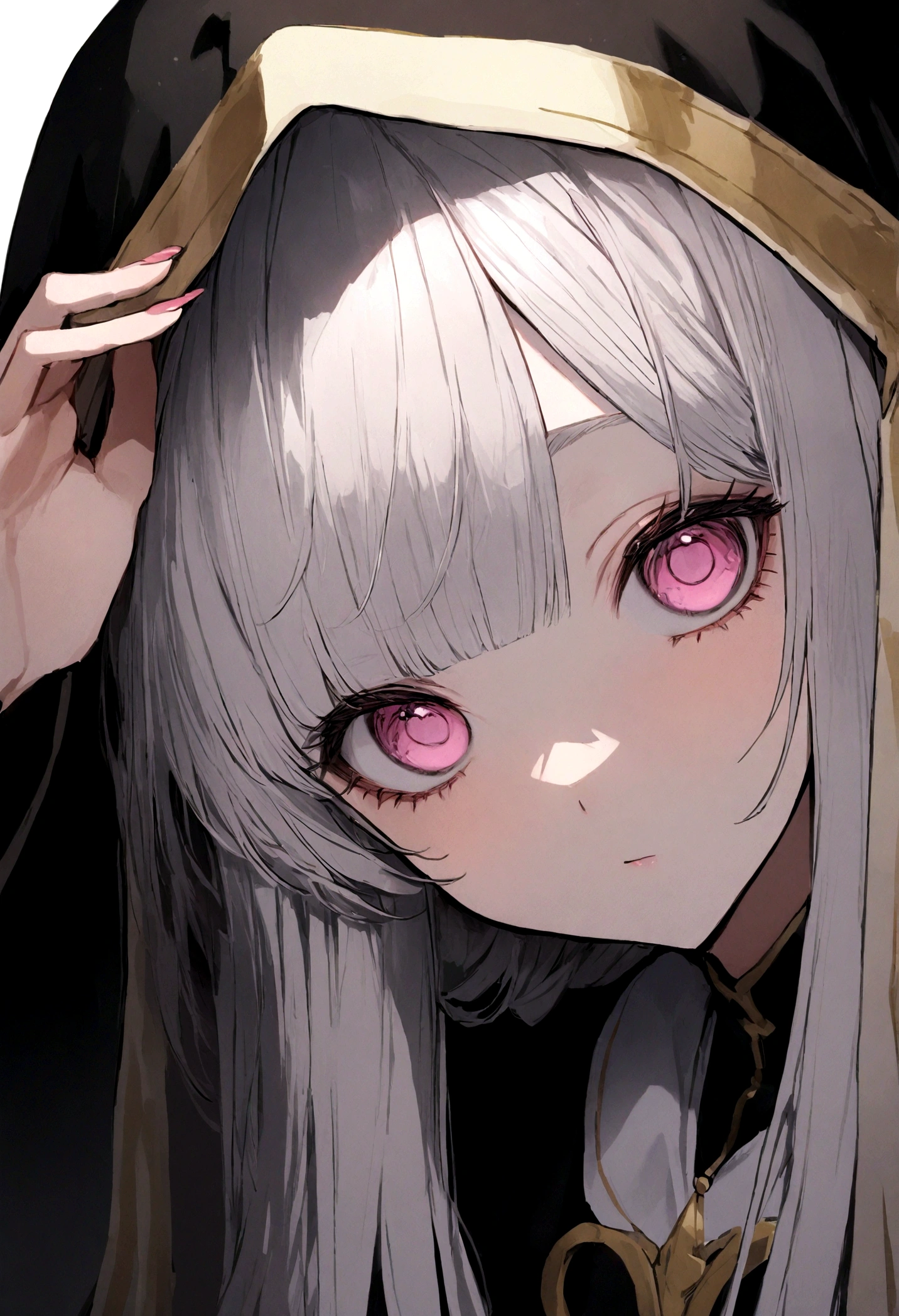 (masterpiece, 32k, 8k, maximum graphics, detailed image, vivid and detailed eyes) a female priest, white priestess overcoat, ((pink eyes, hair, white hair with bangs)), sweet expression on her face, black hood poring covering the head, (photo concentrated on the face, character looking fixedly at the viewer)