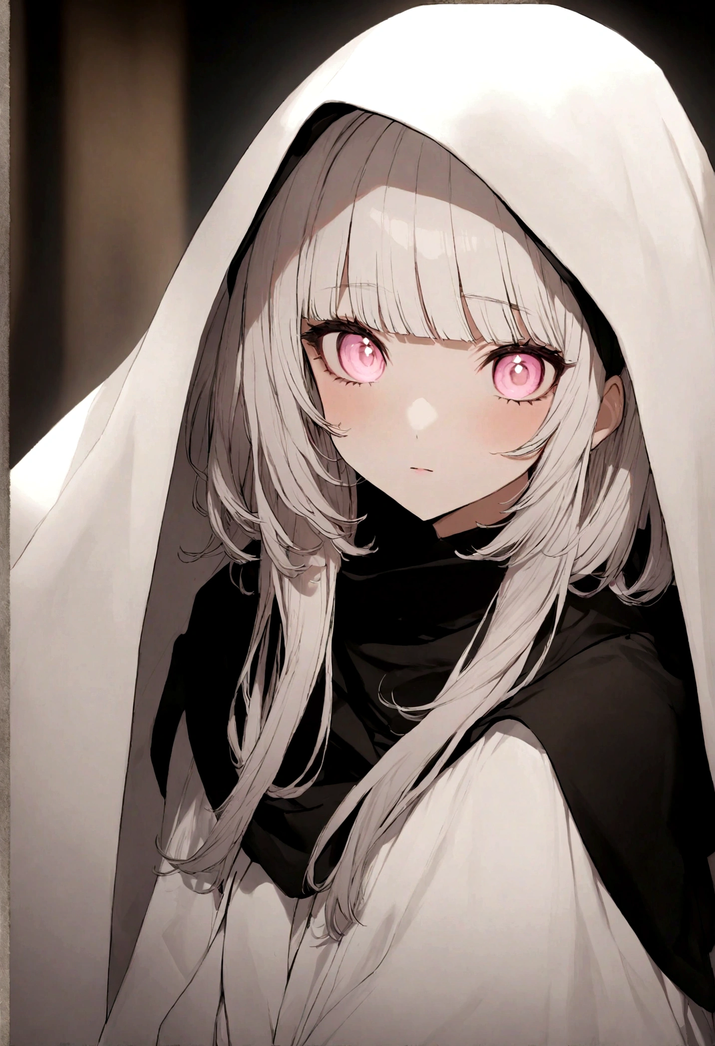 (masterpiece, 32k, 8k, maximum graphics, detailed image, vivid and detailed eyes) a female priest, white priestess overcoat, ((pink eyes, hair, white hair with bangs)), sweet expression on her face, black hood poring covering the head, (photo concentrated on the face, character looking fixedly at the viewer)
