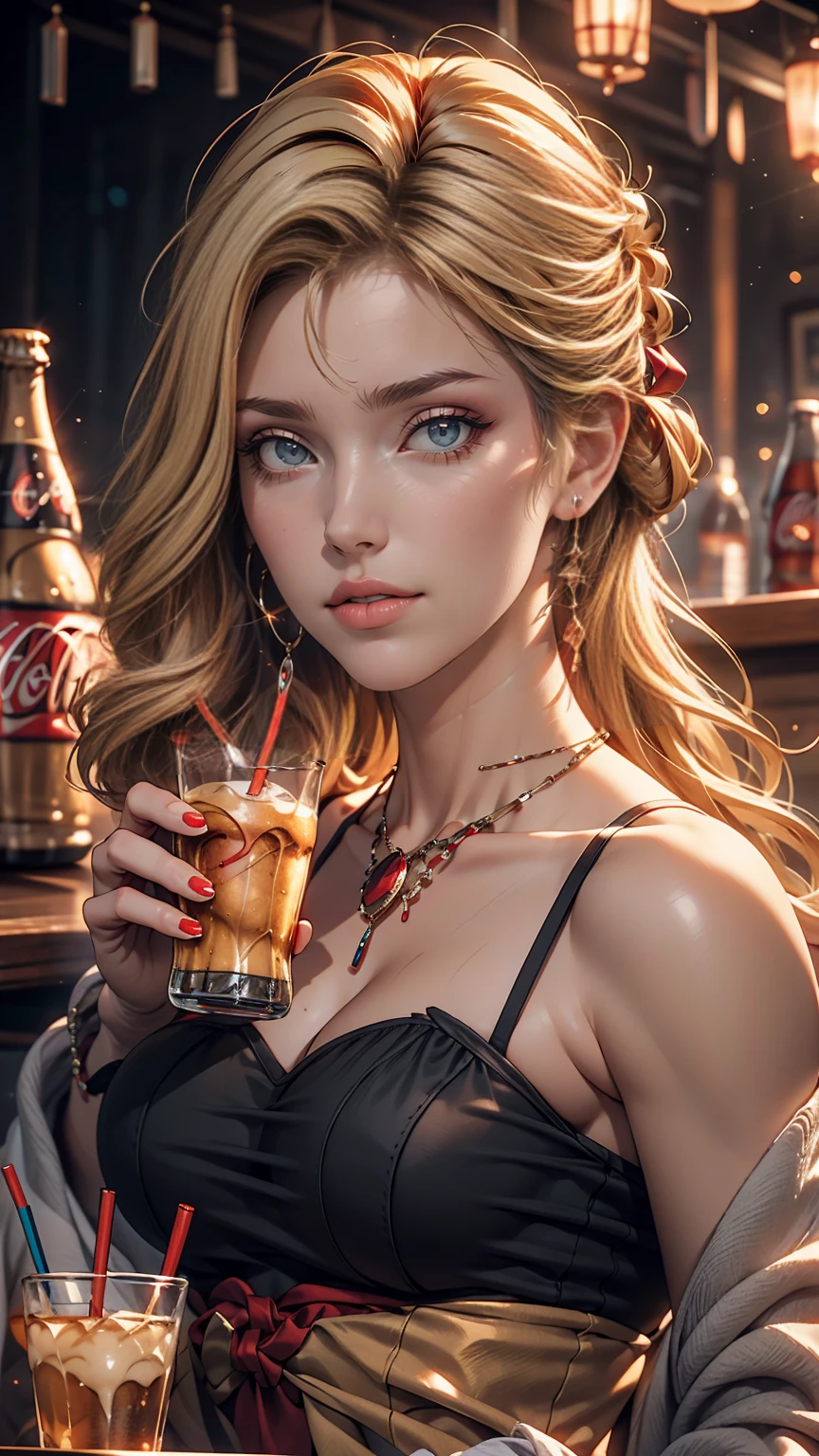 Beautiful girl modern fashion drinks coca cola, Cinematic style,8K resolution, Soft lighting,Ultra-detailed skin and hair texture, eye,nose, Mouth has realistic details,Blonde Hair