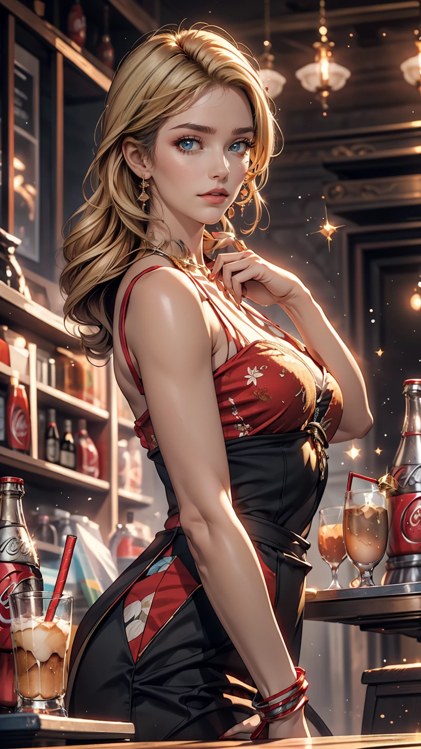 Beautiful girl modern fashion drinks coca cola, Cinematic style,8K resolution, Soft lighting,Ultra-detailed skin and hair texture, eye,nose, Mouth has realistic details,Blonde Hair