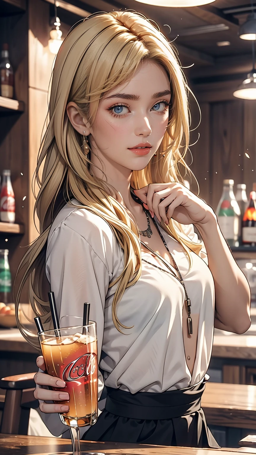Beautiful girl modern fashion drinks coca cola, Cinematic style,8K resolution, Soft lighting,Ultra-detailed skin and hair texture, eye,nose, Mouth has realistic details,Blonde Hair
