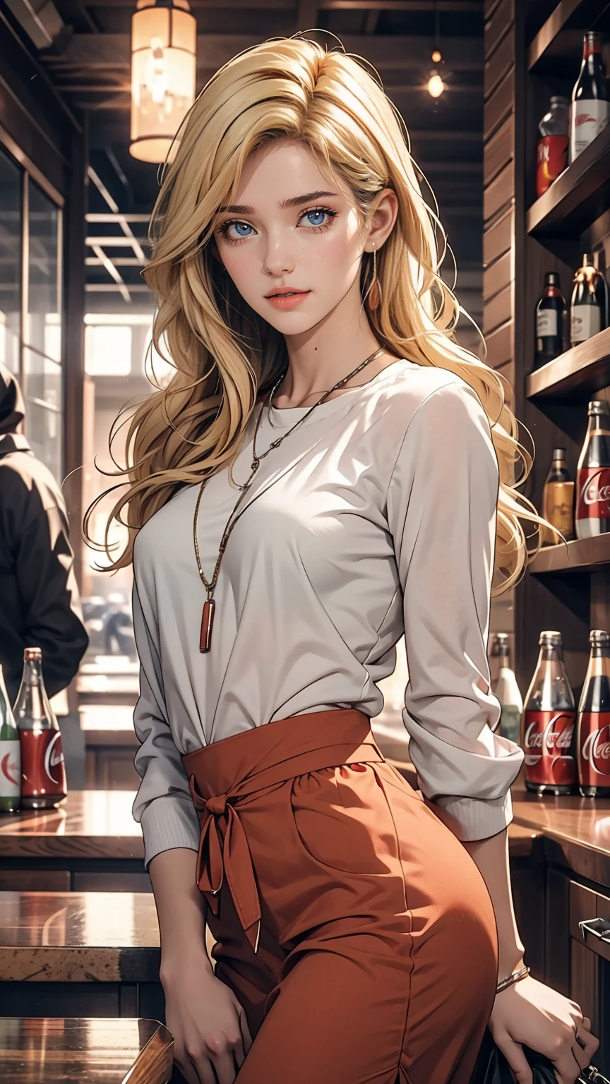 Beautiful girl modern fashion drinks coca cola, Cinematic style,8K resolution, Soft lighting,Ultra-detailed skin and hair texture, eye,nose, Mouth has realistic details,Blonde Hair