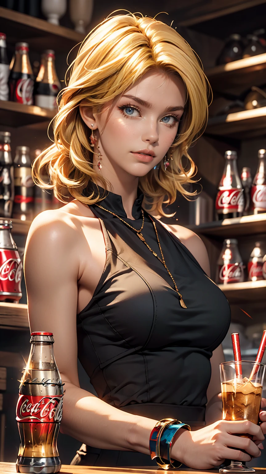 Beautiful girl modern fashion drinks coca cola, Cinematic style,8K resolution, Soft lighting,Ultra-detailed skin and hair texture, eye,nose, Mouth has realistic details,Blonde Hair