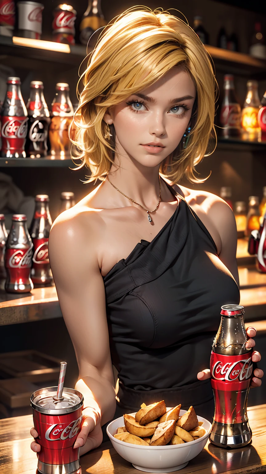 Beautiful girl modern fashion drinks coca cola, Cinematic style,8K resolution, Soft lighting,Ultra-detailed skin and hair texture, eye,nose, Mouth has realistic details,Blonde Hair