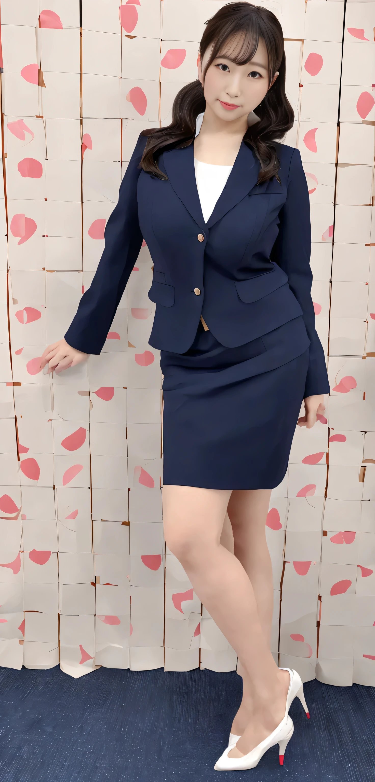 Japanese ID, Mature Woman, ((Chubby round face around 30 years old)), Wavy black hair with no bangs, Long Hair:1.65, Big twin ponytail:1.79, Flashy makeup, Fuller lips, Sexy Gaze, Cute Uniform, looking at the camera, Low angle shooting, Cute duck lips,((Very accurate and correct anatomy)), (masterpiece:1.3), Perfect balance, Realistic photos, Full Shot, whole body, ((height: 168cm)), High heels, loafers, (2 Foot, Two Arms), ((Panty shot)),Big Breasts:1.95