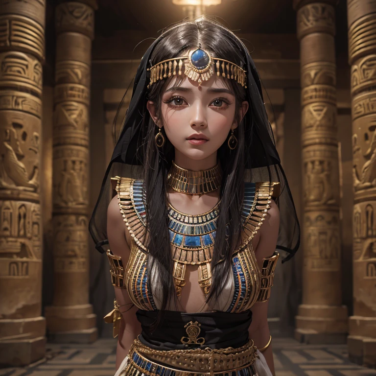 Standing in an ancient Egyptian cave、Hair blowing in the wind 、 ((highest quality、masterpiece、8k、Best image quality、Ultra-high resolution、Award-winning works)、(Accurate anatomy:1.1)、(Look at me and smile:1.0)、Shining fair skin with Ultra-high resolution、The most detailed face、Ultra-high resolution detailed face、Ultra-high resolutionの髪の毛、(Ultra-high resolution eye:1.1)、Beautiful face drawn in every detail、Ancient Egyptian costumes, Chest to chest, Dark atmosphere,Dark atmosphere, Ancient Egyptian makeup,
