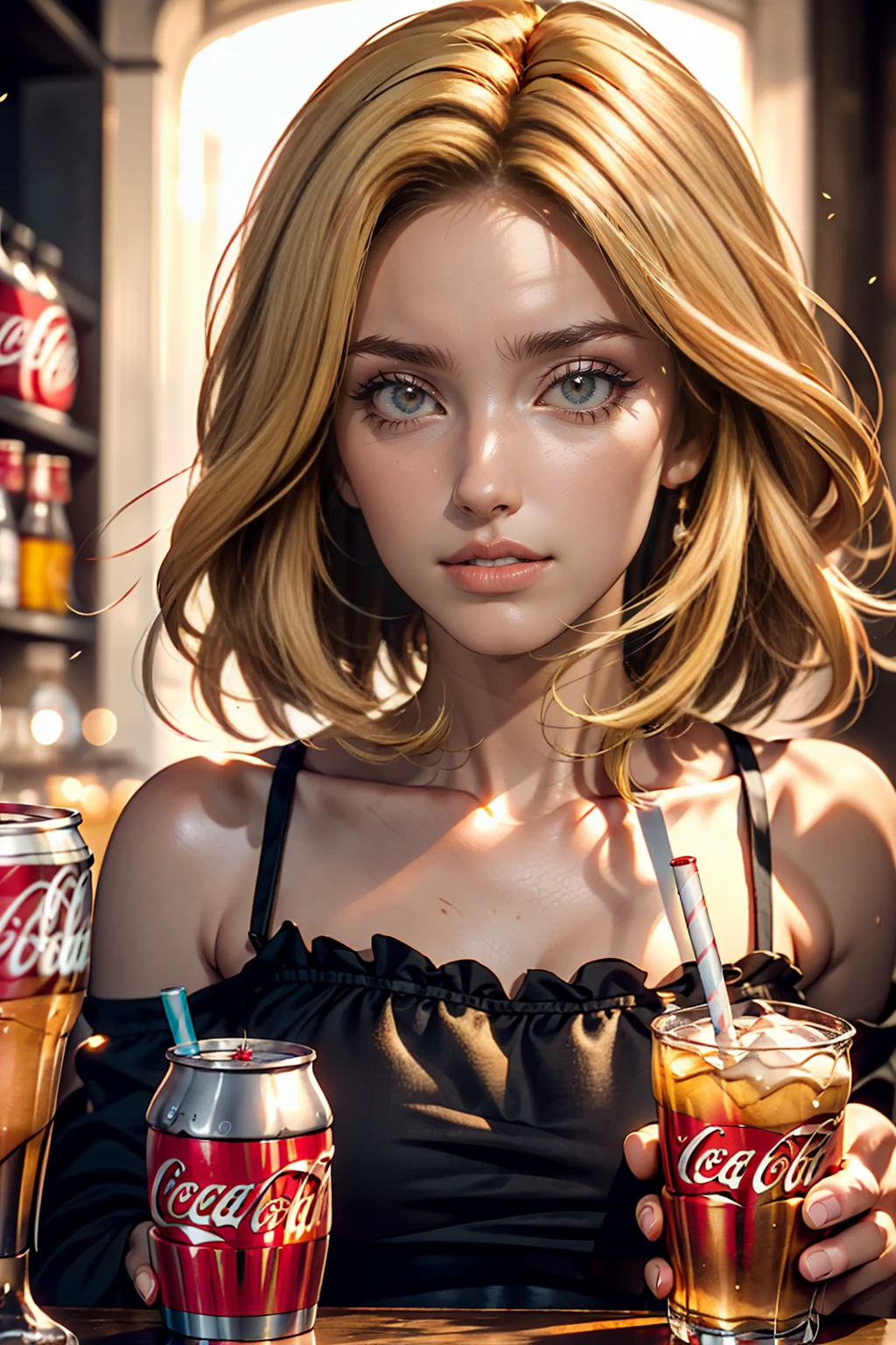 Beautiful girl modern fashion drinks coca cola, Cinematic style,8K resolution, Soft lighting,Ultra-detailed skin and hair texture, eye,nose, Mouth has realistic details,Blonde Hair