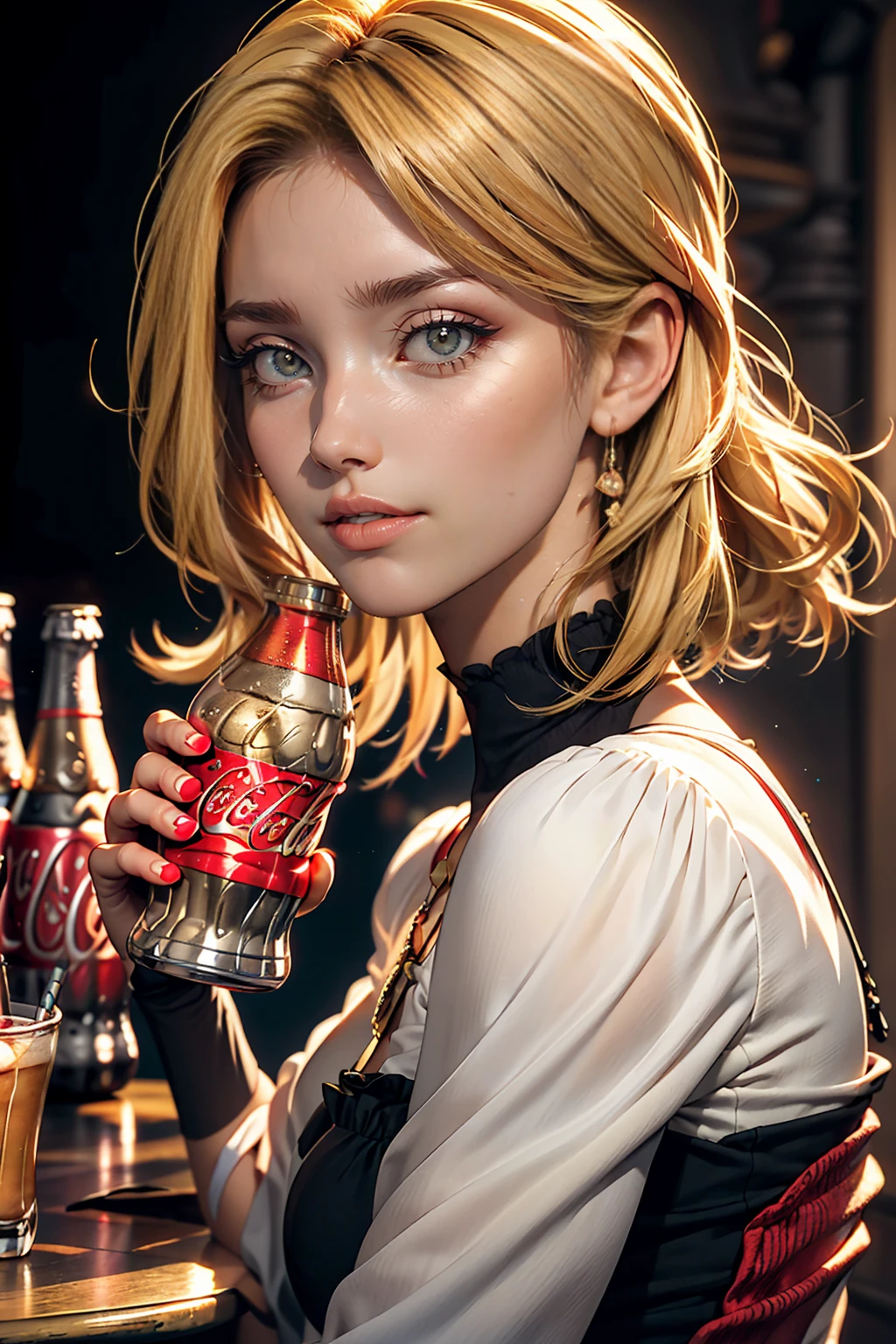 Beautiful girl modern fashion drinks coca cola, Cinematic style,8K resolution, Soft lighting,Ultra-detailed skin and hair texture, eye,nose, Mouth has realistic details,Blonde Hair