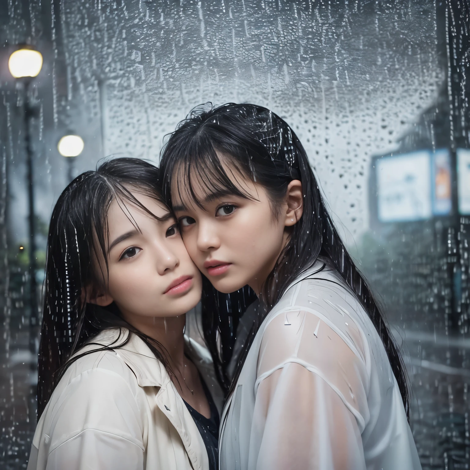 (Best-quality, Masterpiece, Ultra-High-Resolution, (Photorealistic:1.4), Raw Photo, depth of field, professional lighting, perfect anatomies, extremely details), ((late at night, on pitch-dark street, in heavy-rain)), ((lesbian-couple of 15-years-old the most famous Japanese idol and 25-years-old the most famous Japanese actress):1.2), (kissing), ((detailed heavy-rain):1.4)