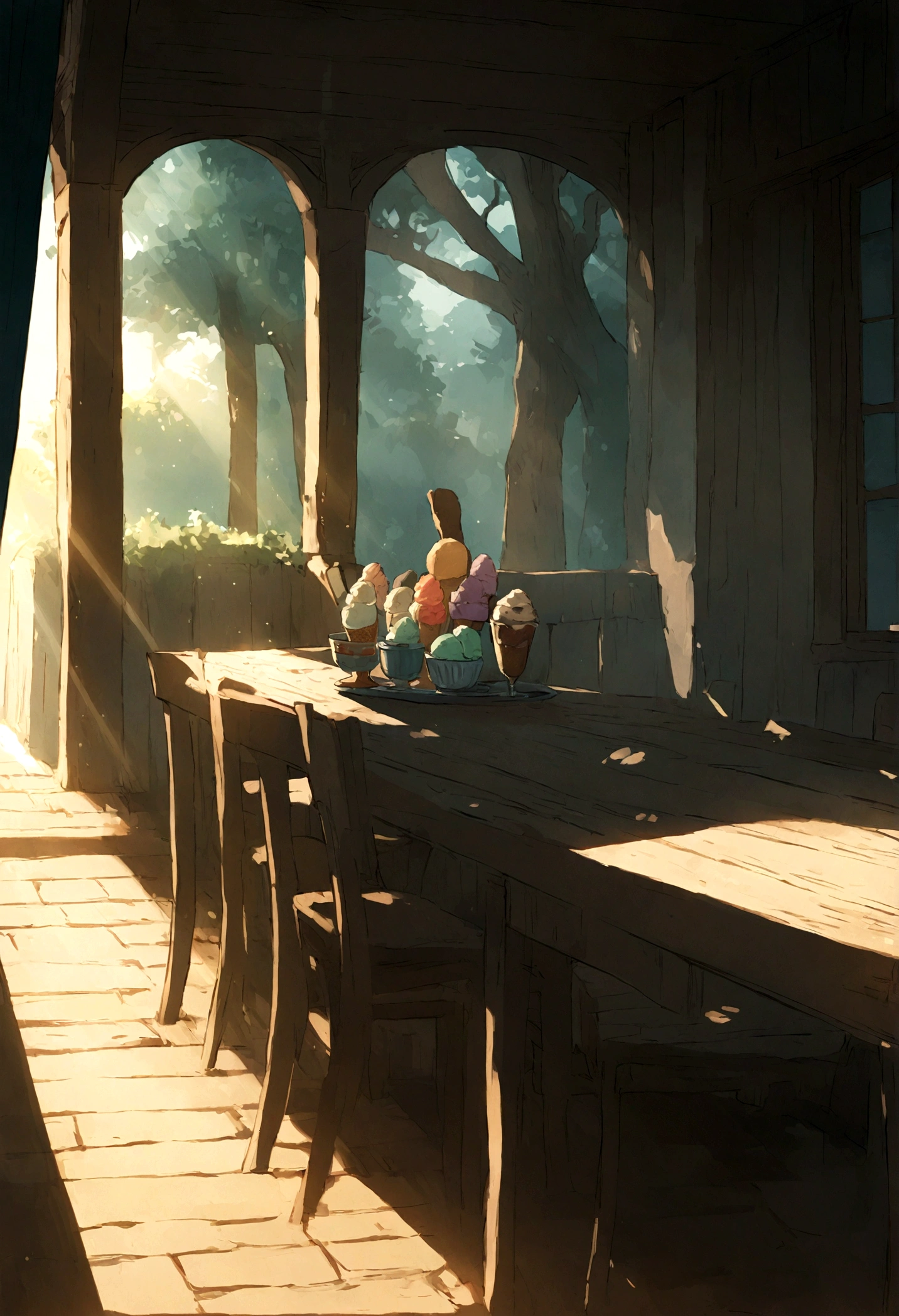 high resolution、Ghibli style、table、ice cream、sunlight