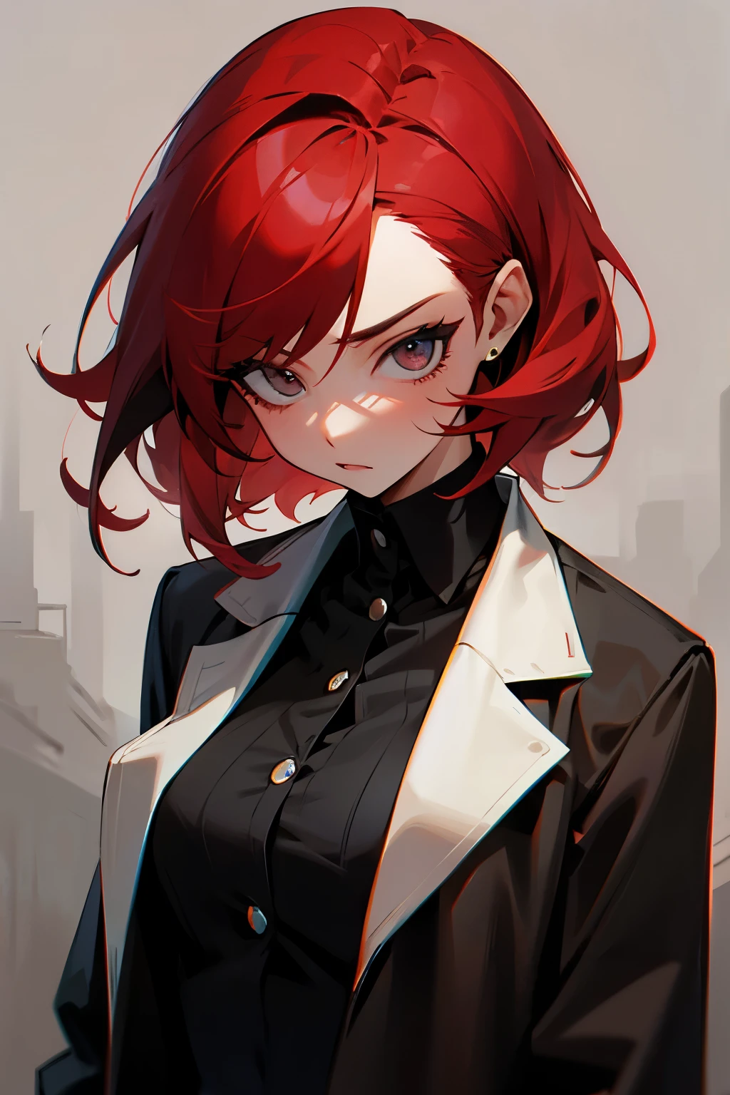 She has a sharp and angular face with high cheekbones, giving her a striking appearance. Her hair is short, spiky, and colored in a dark shade with fiery red highlights, reminiscent of Justice from Helltaker.
Eyes and Glasses: Her eyes are a piercing shade of red, filled with intensity and confidence. She wears sleek, rectangular eyeglasses that add to her intellectual and edgy look.
Outfit:
Jacket: She wears a stylish, form-fitting jacket that enhances her figure. The jacket is predominantly black with red accents, featuring bold patterns or insignias similar to Justice's aesthetic. It has a high collar and slightly oversized sleeves, giving her a rebellious vibe.
Top: Underneath the jacket, she wears a fitted, dark-colored top that complements her jacket, possibly with a graphic design or logo.
Accessories:
Cigarette: She casually holds a cigarette between her fingers, exuding a sense of nonchalance and coolness.
Jewelry: She wears minimal but edgy jewelry, such as a choker or simple earrings, to keep the focus on her overall appearance.