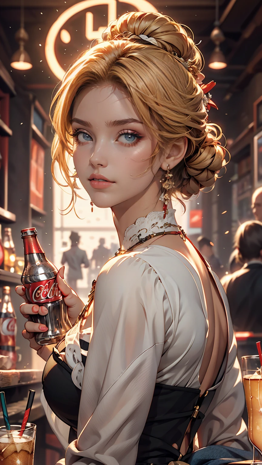 Beautiful girl modern fashion drinks coca cola, Cinematic style,8K resolution, Soft lighting,Ultra-detailed skin and hair texture, eye,nose, Mouth has realistic details,Blonde Hair