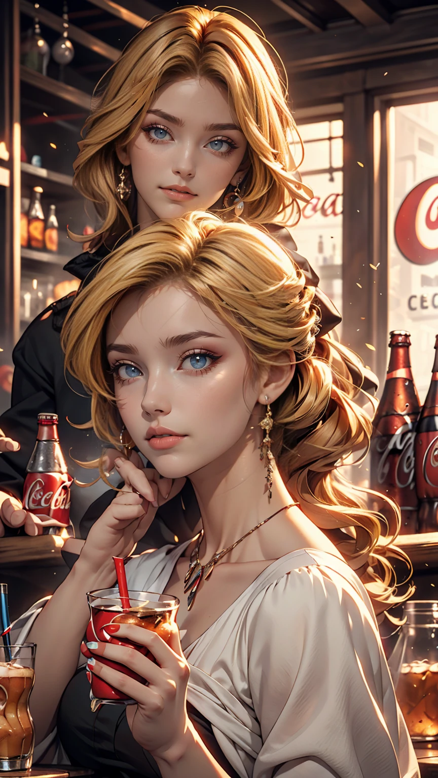 Beautiful girl modern fashion drinks coca cola, Cinematic style,8K resolution, Soft lighting,Ultra-detailed skin and hair texture, eye,nose, Mouth has realistic details,Blonde Hair