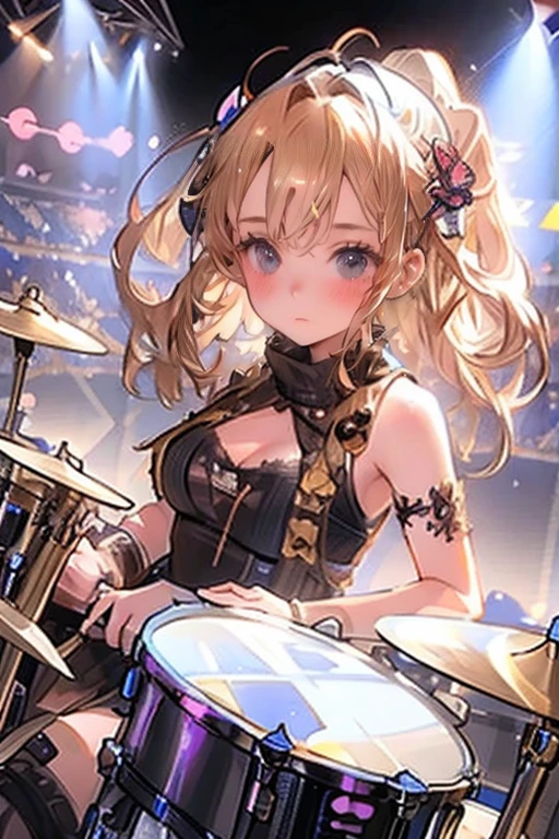 1girl,solo,cute,blond hair,big breast,cleavage,she play the drums,drum kit,hold a drum stick,photo of drum set,on the stage,